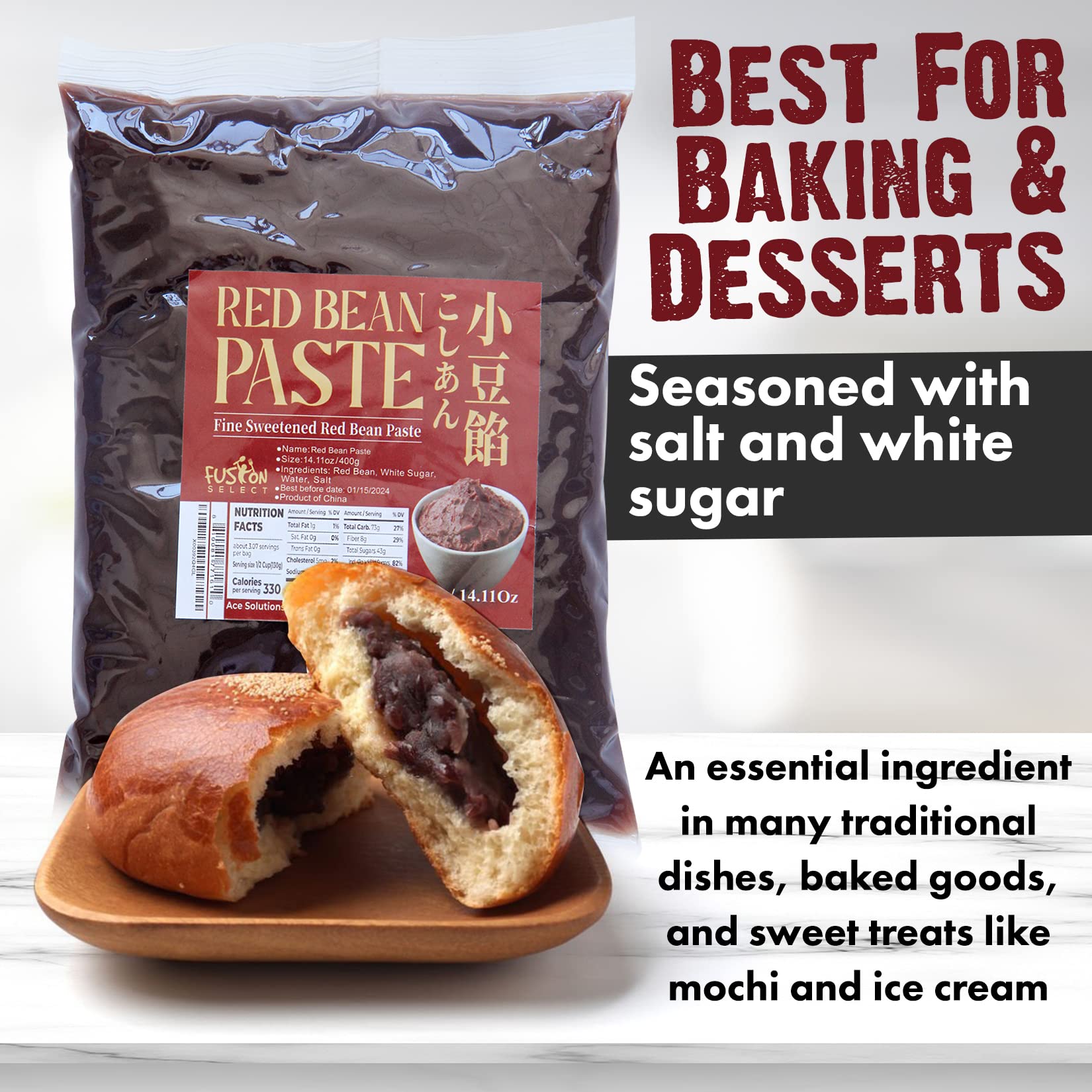 Fusion Select 2 Packs Red Bean Paste - Fine Sweetened Adzuki Bean Paste for Desserts, Buns, Pastry Filling, Mochi - For Chinese, Japanese & Korean