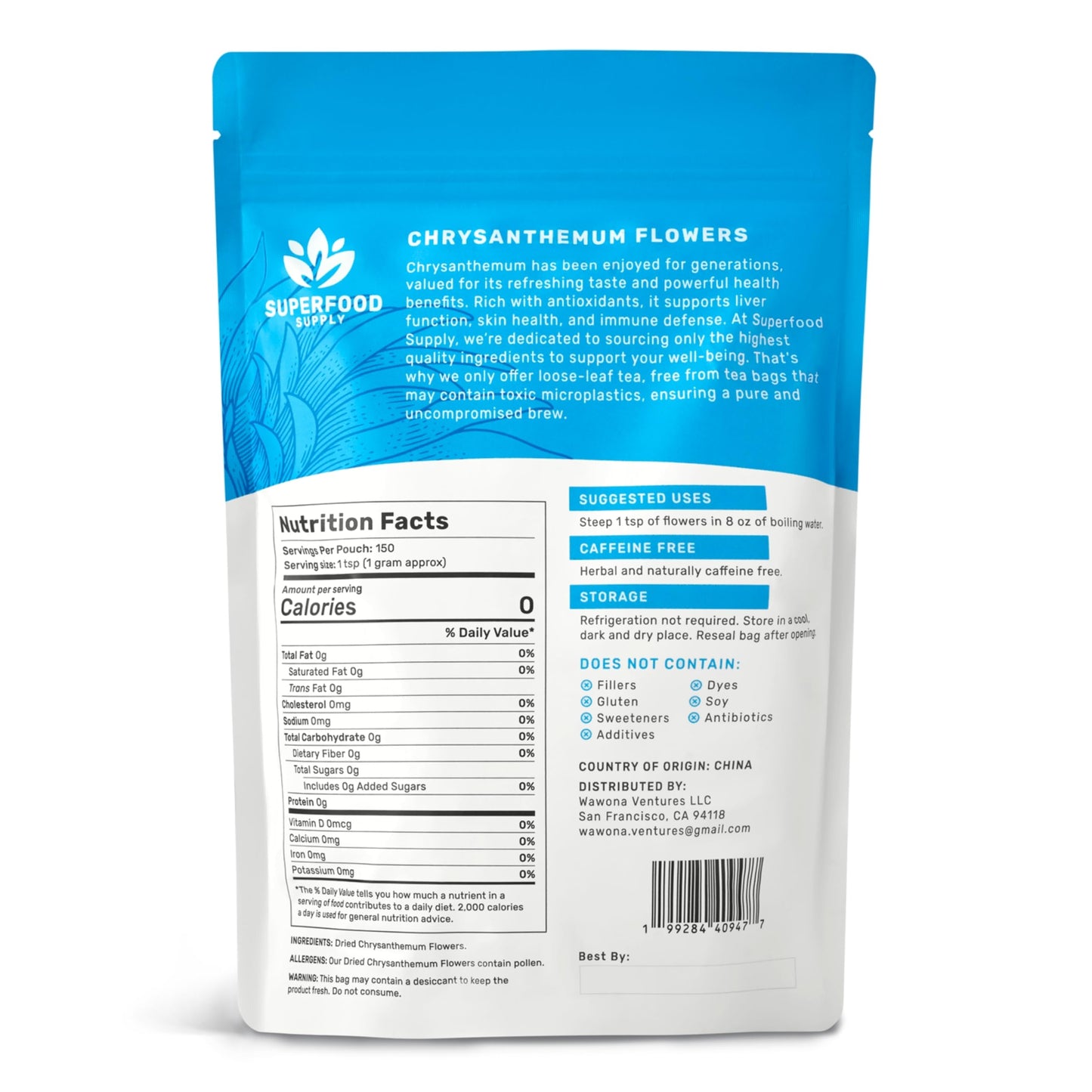 Superfood Supply - Chrysanthemum Tea - 5.29oz/150g, Bulk Loose Leaf Flowers, Premium Buds, Tai Ju Herbal Tea, Caffeine Free, Natural Liver and Immune