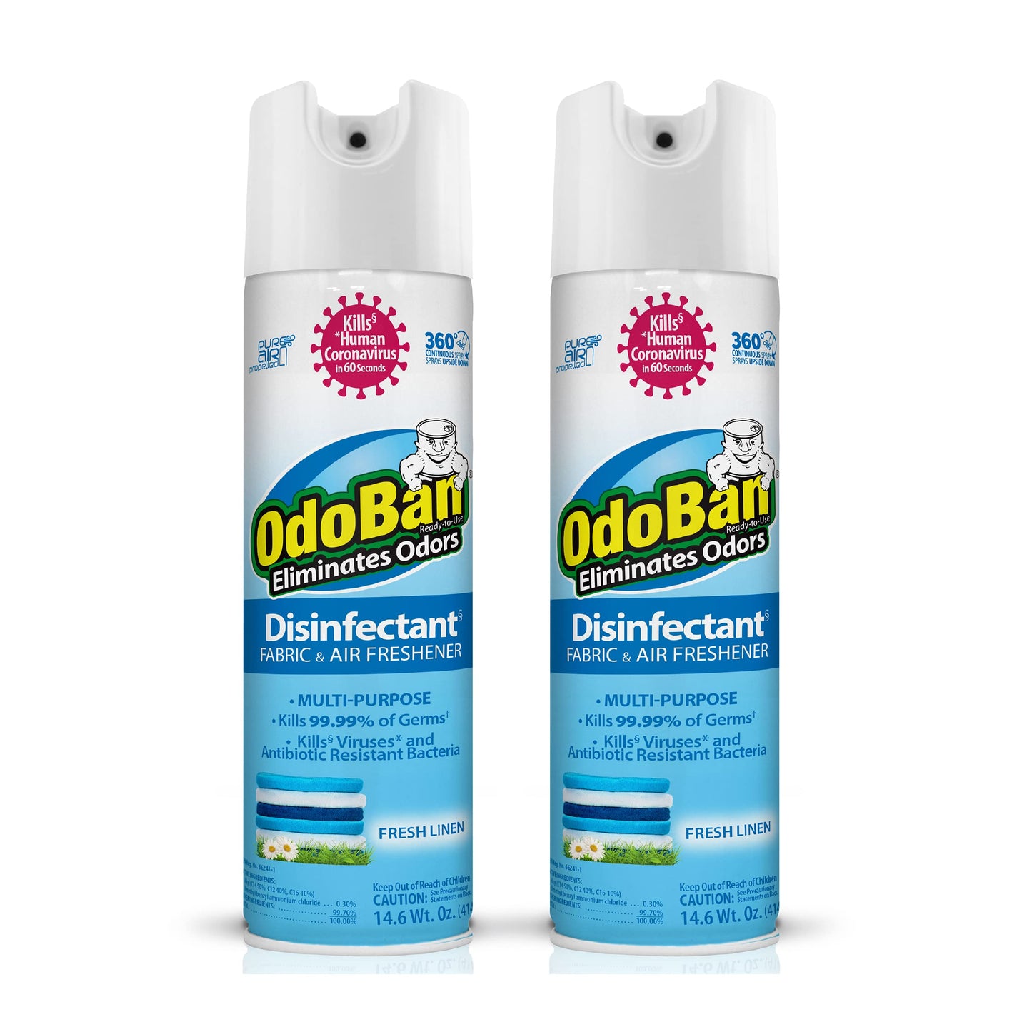 OdoBan Ready-to-Use 360-Degree Continuous Spray Disinfectant and Harsh Aroma Eliminator, Fabric and Air Freshener, 2 Pack, 14.6 Ounces Each, Fresh