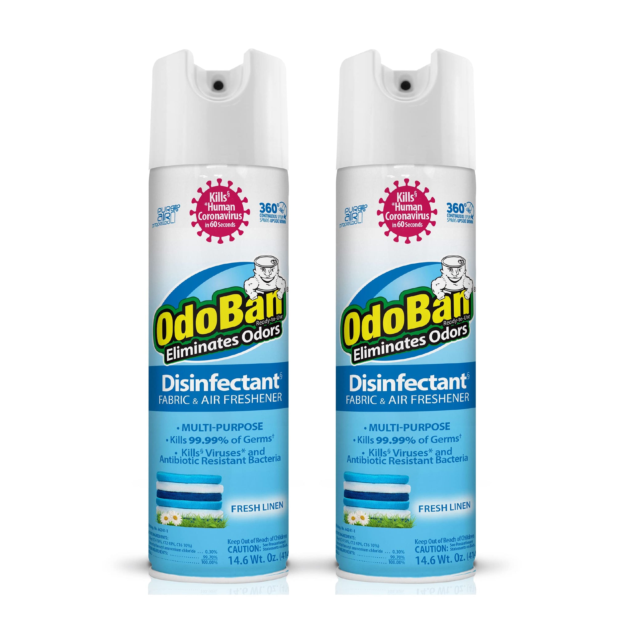 OdoBan Ready-to-Use 360-Degree Continuous Spray Disinfectant and Harsh Aroma Eliminator, Fabric and Air Freshener, 2 Pack, 14.6 Ounces Each, Fresh