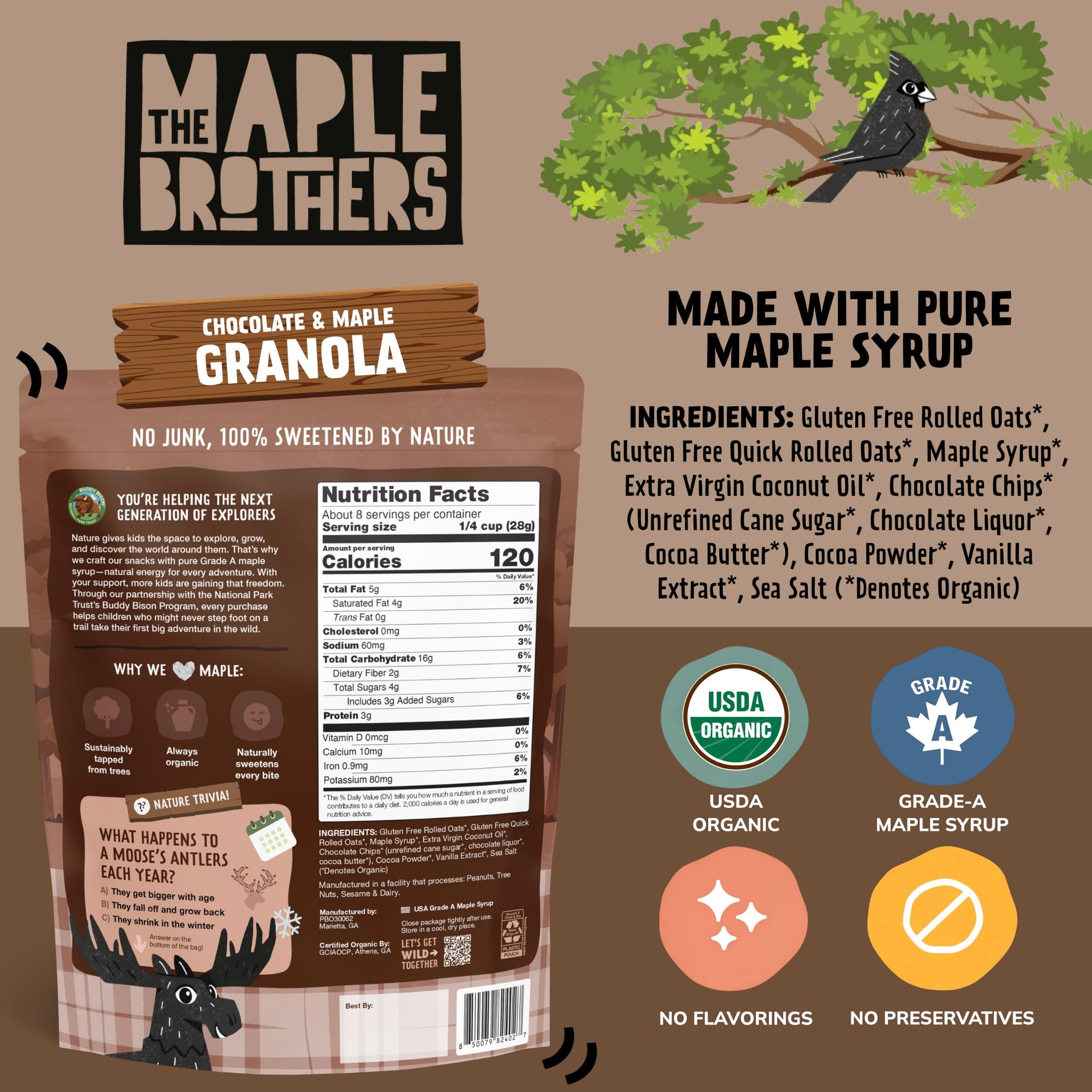 The Maple Brothers Chocolate & Maple Granola - Organic, Vegan, Gluten-Free, Non-GMO, Whole-Grain Oats with Organic Chocolate & Grade A Maple Syrup