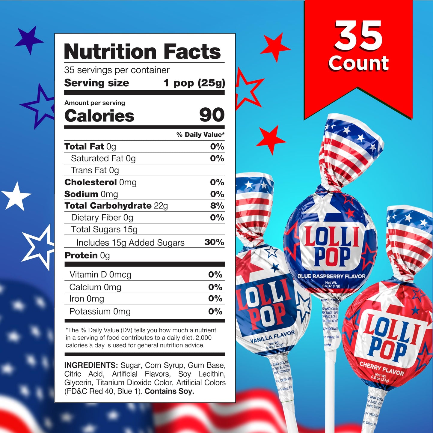 Patriotic Candy - 2 Pound Bulk Pack - 35 Count - 4th of July Lollipops - Red White and Blue Candy - Cherry, Vanilla, Blue Raspberry - Gum Filled Pops