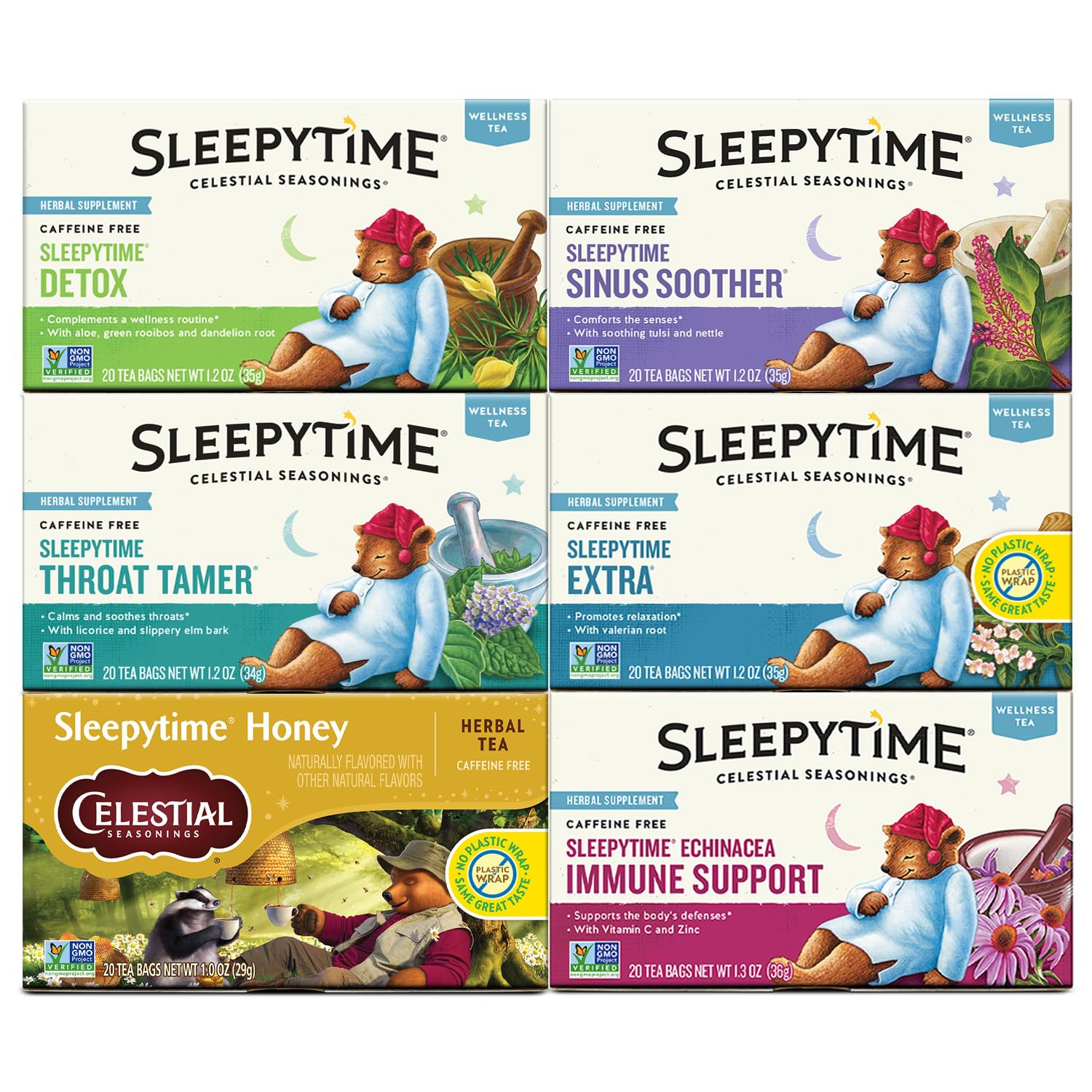 Celestial Seasonings Wellness Tea Sleepytime Variety Pack, Detox, Sinus Soother, Throat Tamer, Sleepytime Extra, Honey, Immune Boost, Caffeine Free