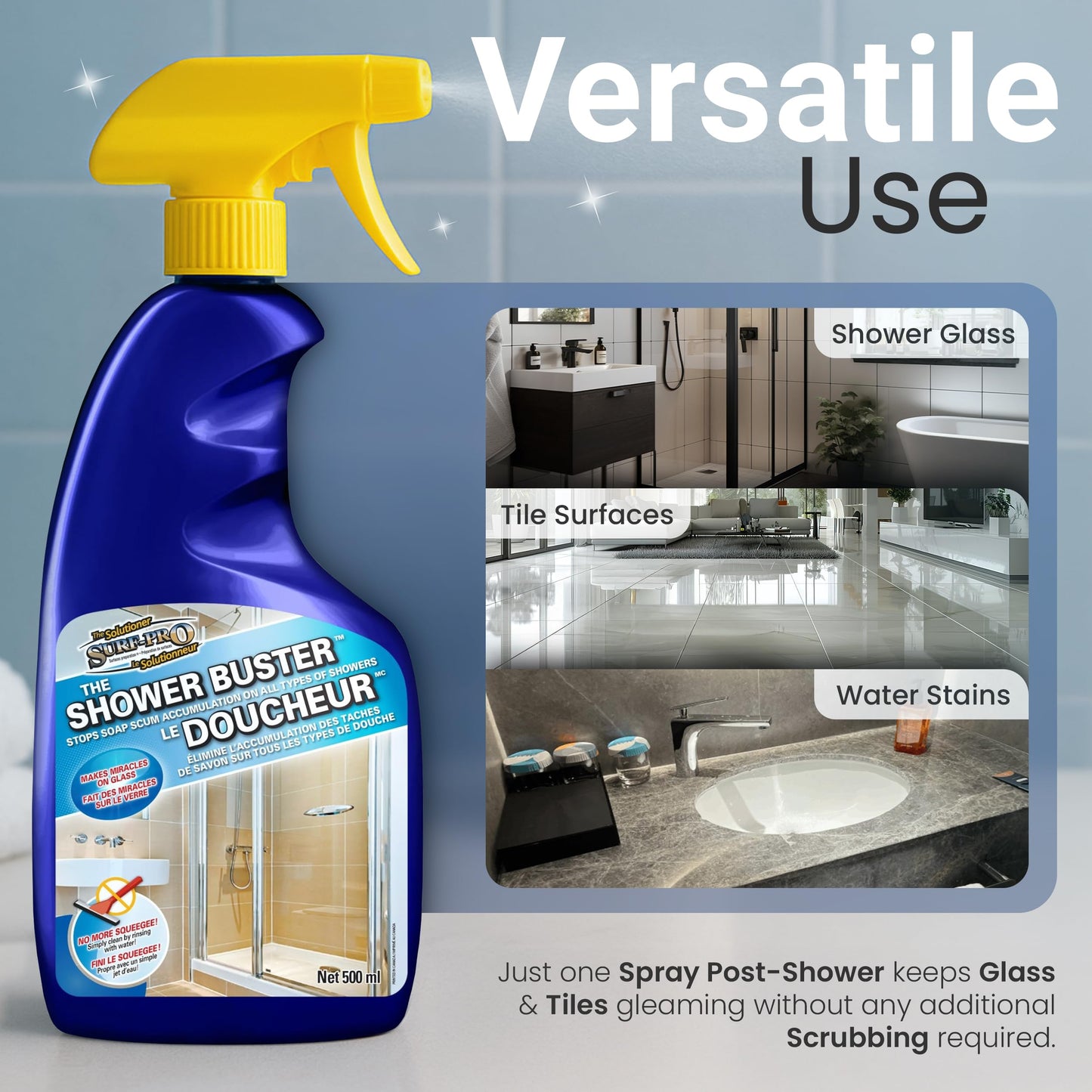 SURF PRO Shower Glass Door Cleaner - Shower Buster Spray for Soap Scum & Hard Water Stains - No Scrub Bathroom Cleaner for Glass, Tile, Chrome