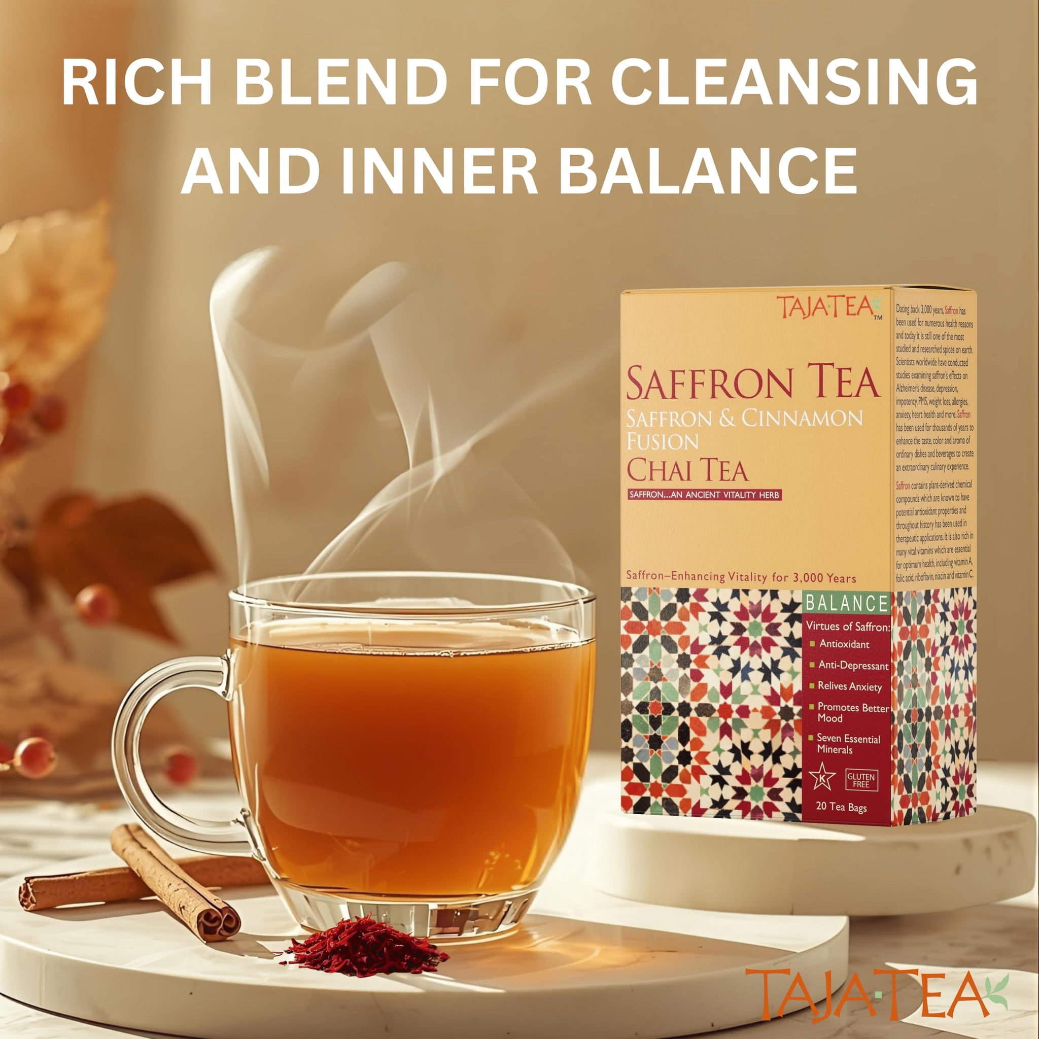 Taja Saffron Tea - Saffron & Cinnamon Fusion Chai, Balanced Wellness Blend for Mindful Comfort, Mood Boost, Decaffeinated | Gluten Free | Kosher, 20