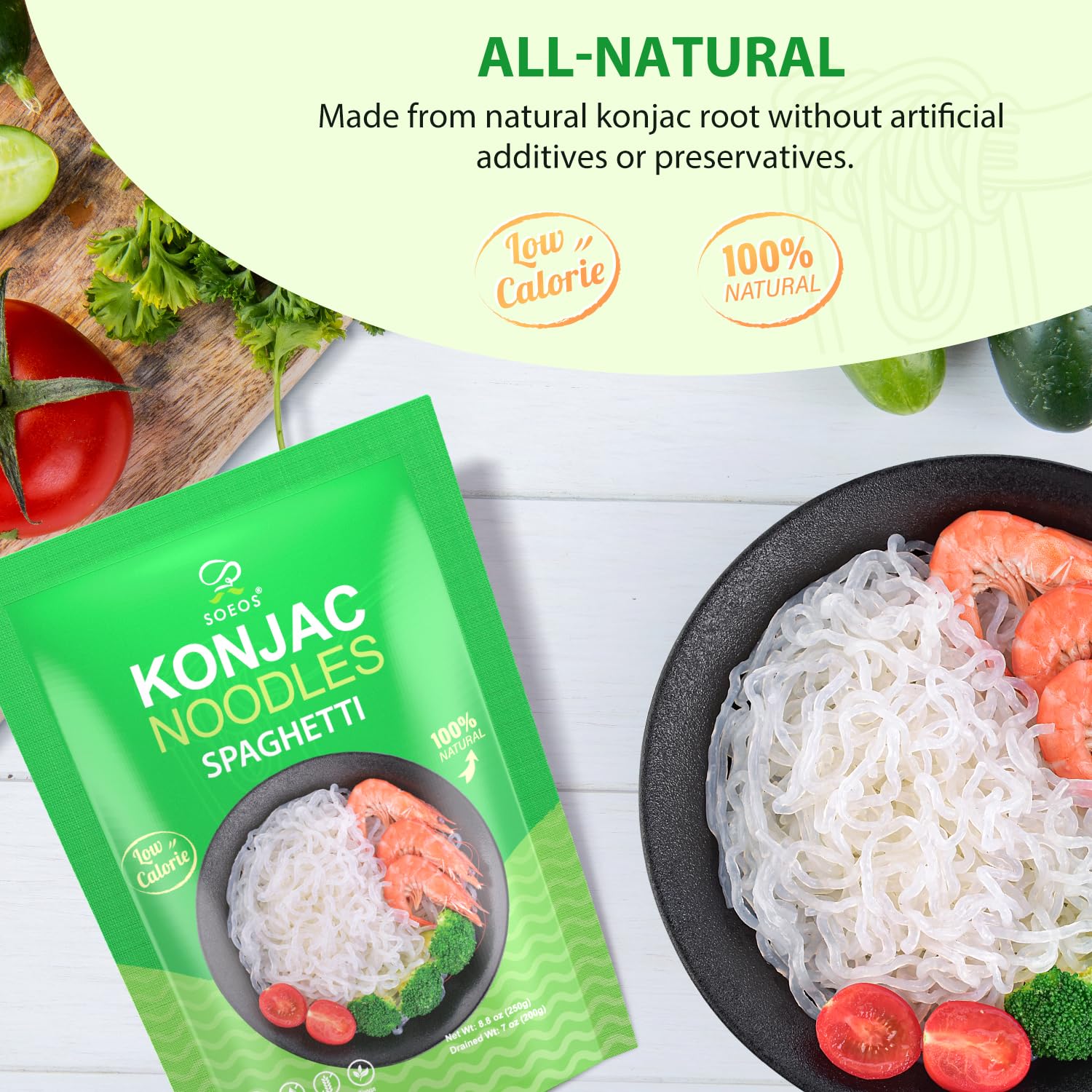 Soeos Konjac Noodles, Spaghetti Pasta, 8.8 oz (250g)*6 Pack, Low Calorie, Low Carb, Keto and Paleo Friendly Shirataki Noodle, Gluten-Free, Fat Free