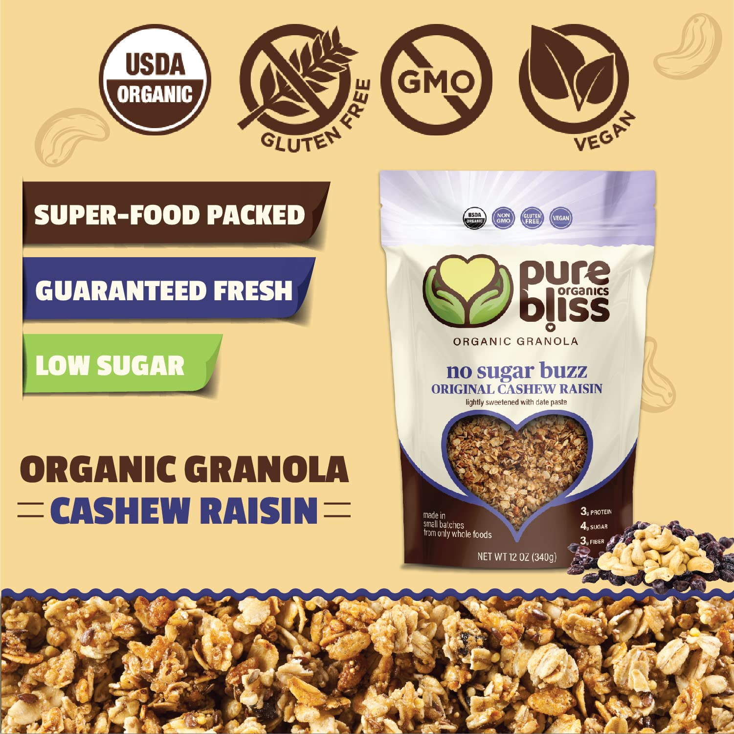 Pure Bliss Organics No Sugar Buzz Cashew Raisin Granola, Certified Organic and Gluten Free, Vegan, Non GMO, Low Glycemic, Low Sugar Alternative, Date