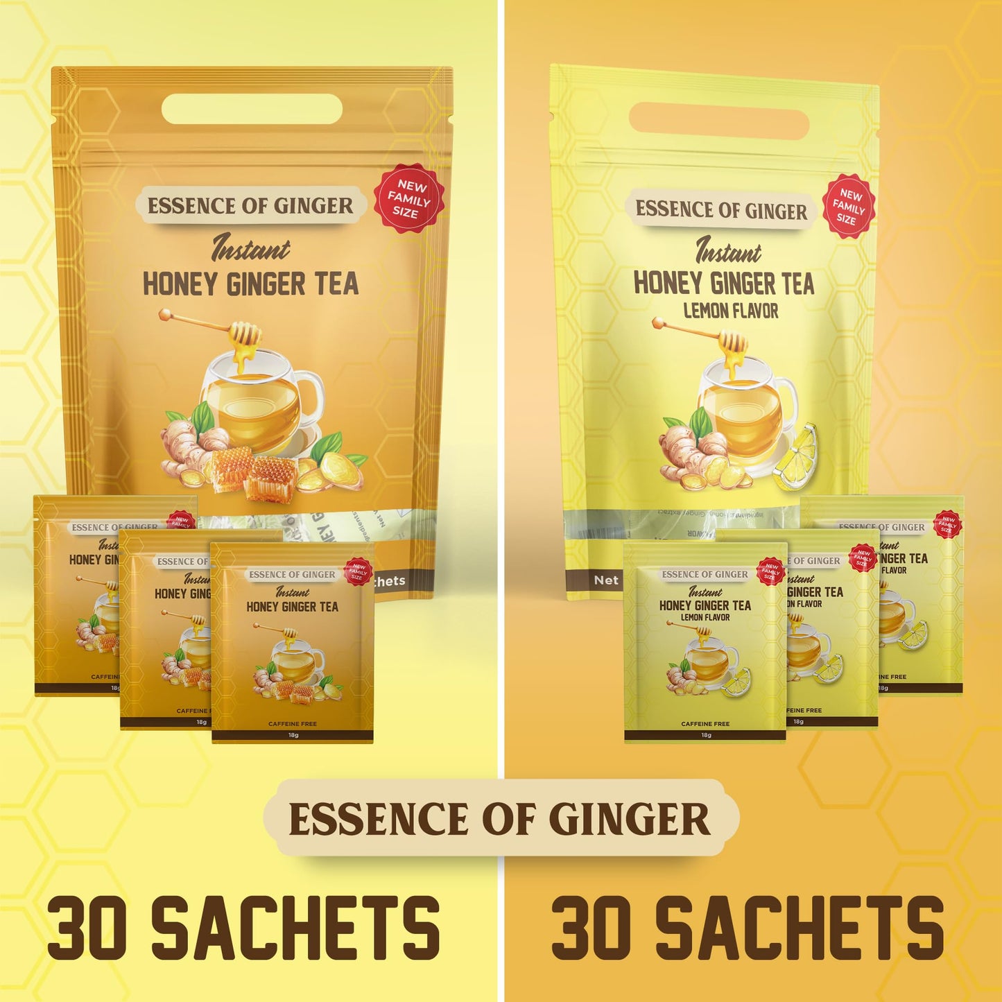 Natural Honey Lemon Ginger Root Herbal Crystals 30 Packets Instant Beverage 18 Grams Made With Real Pure Honey, Fresh Refreshing Lemon Citrus