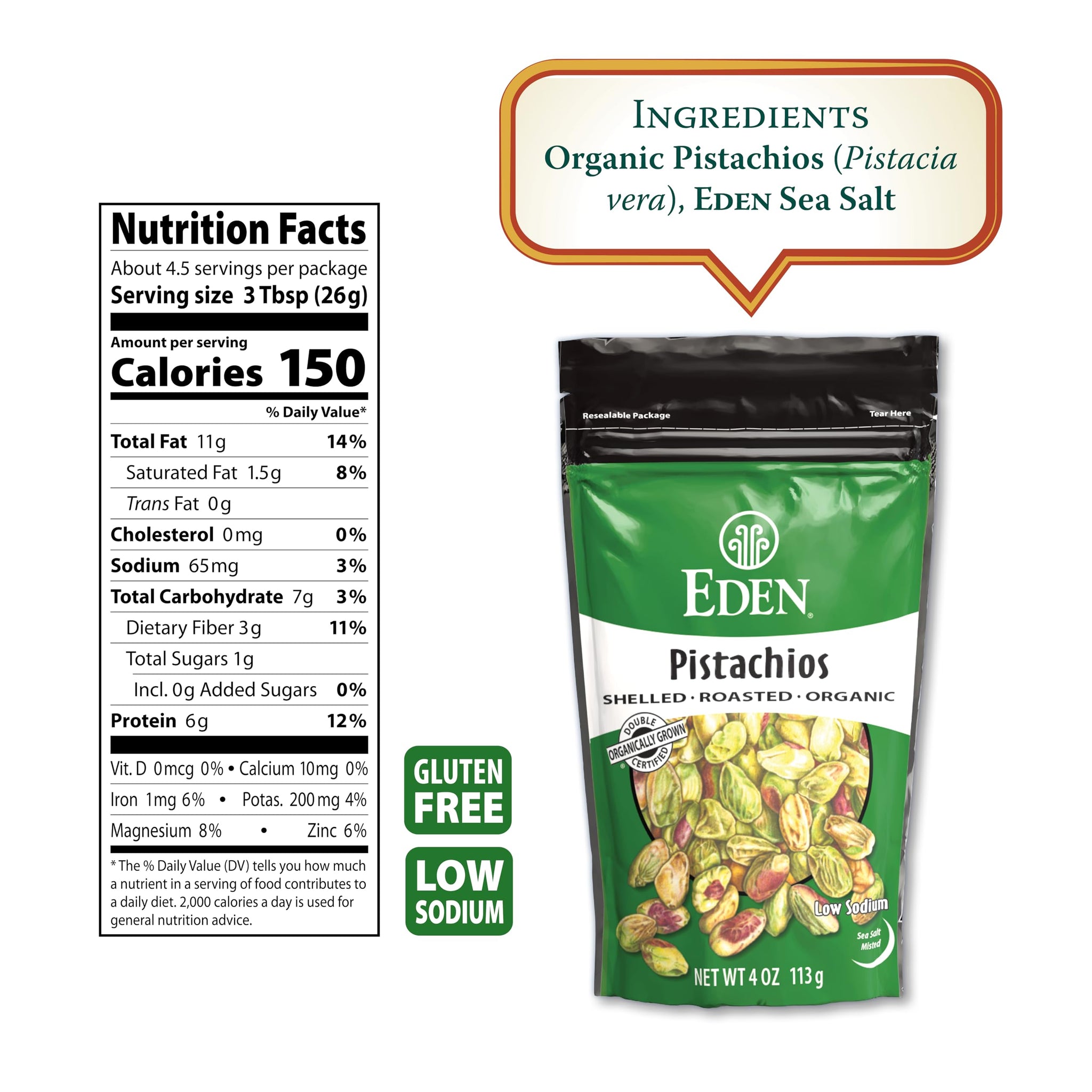 Eden Organic Pistachios, Shelled, Roasted, and Misted with Sea Salt, California Grown, 4 oz
