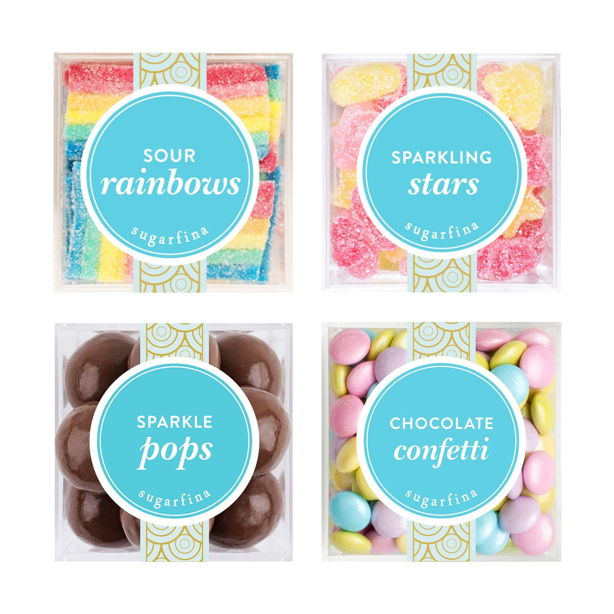 Summer Celebration Candy Cube Bundle, Pack of 4 | Sour Rainbows, Sparkling Stars, Sparkle Pops, Chocolate Confetti