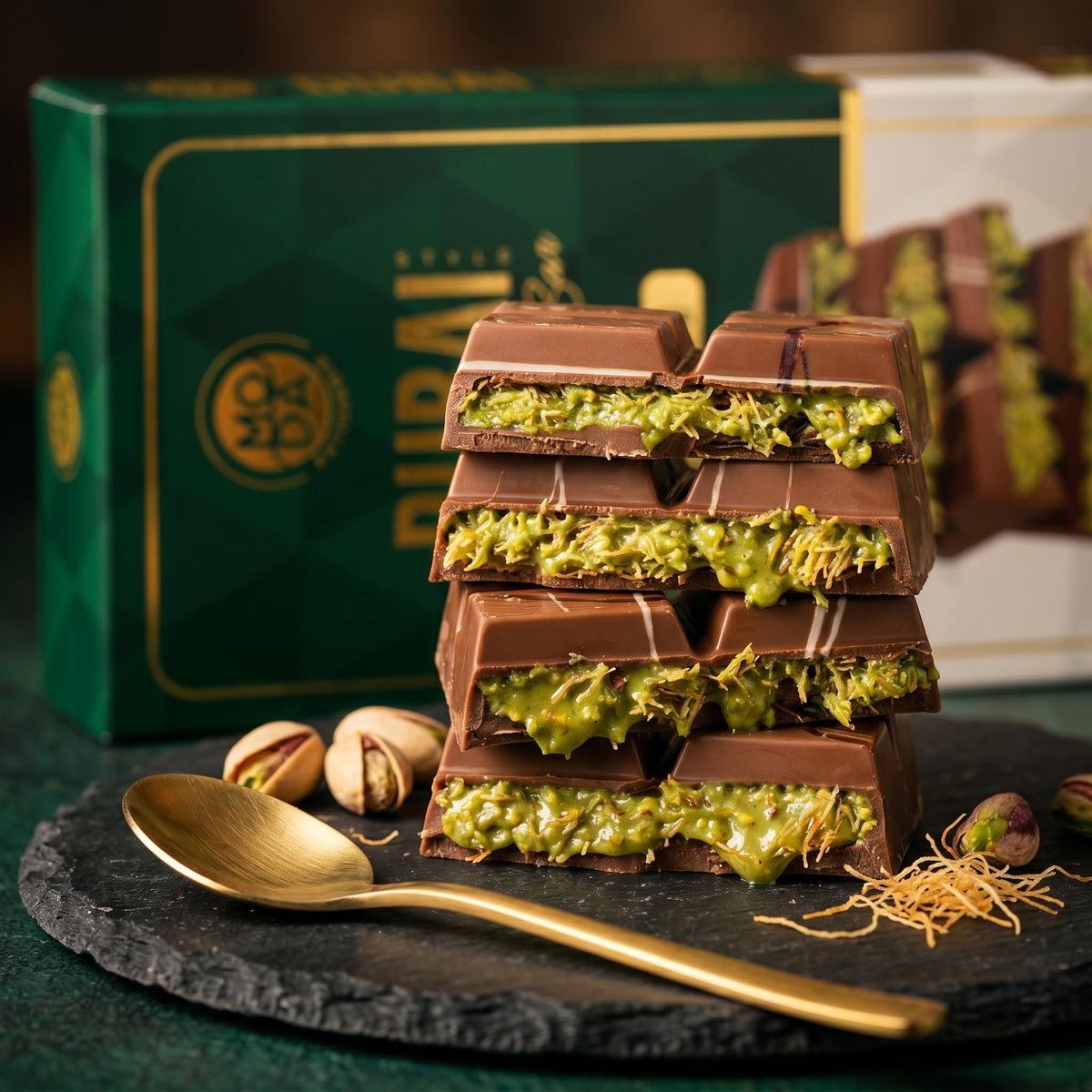 Moda Dubai Chocolate Bar - Premium Milk Chocolate with Pistachio Cream & Crispy Kataifi Filling, Gourmet Dubai Style Chocolate, Authentic Middle