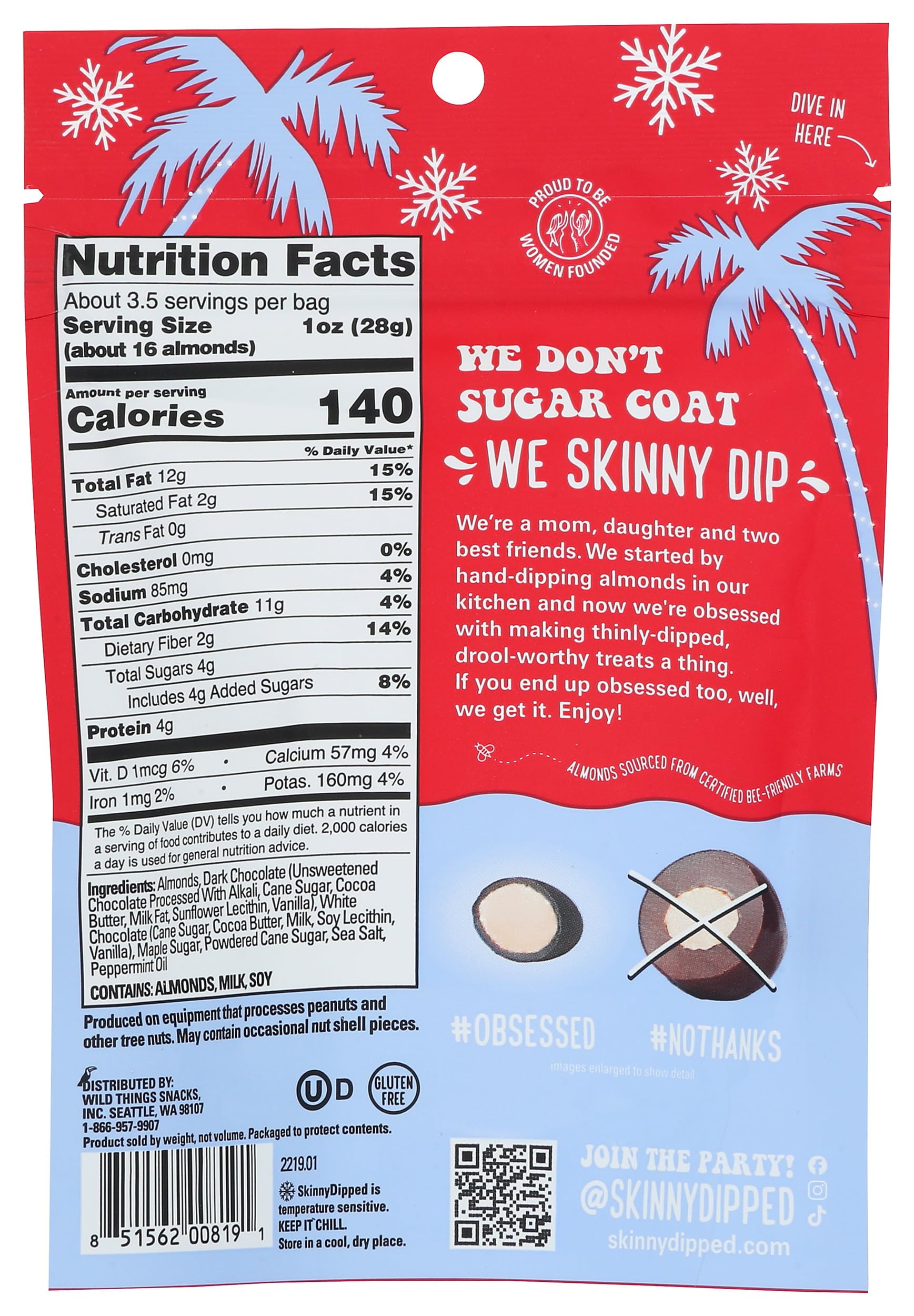 SkinnyDipped Dark Chocolate Peppermint Almonds, Healthy Snack, Plant Protein, Gluten Free, 3.5 oz Resealable Bag, Pack of 1