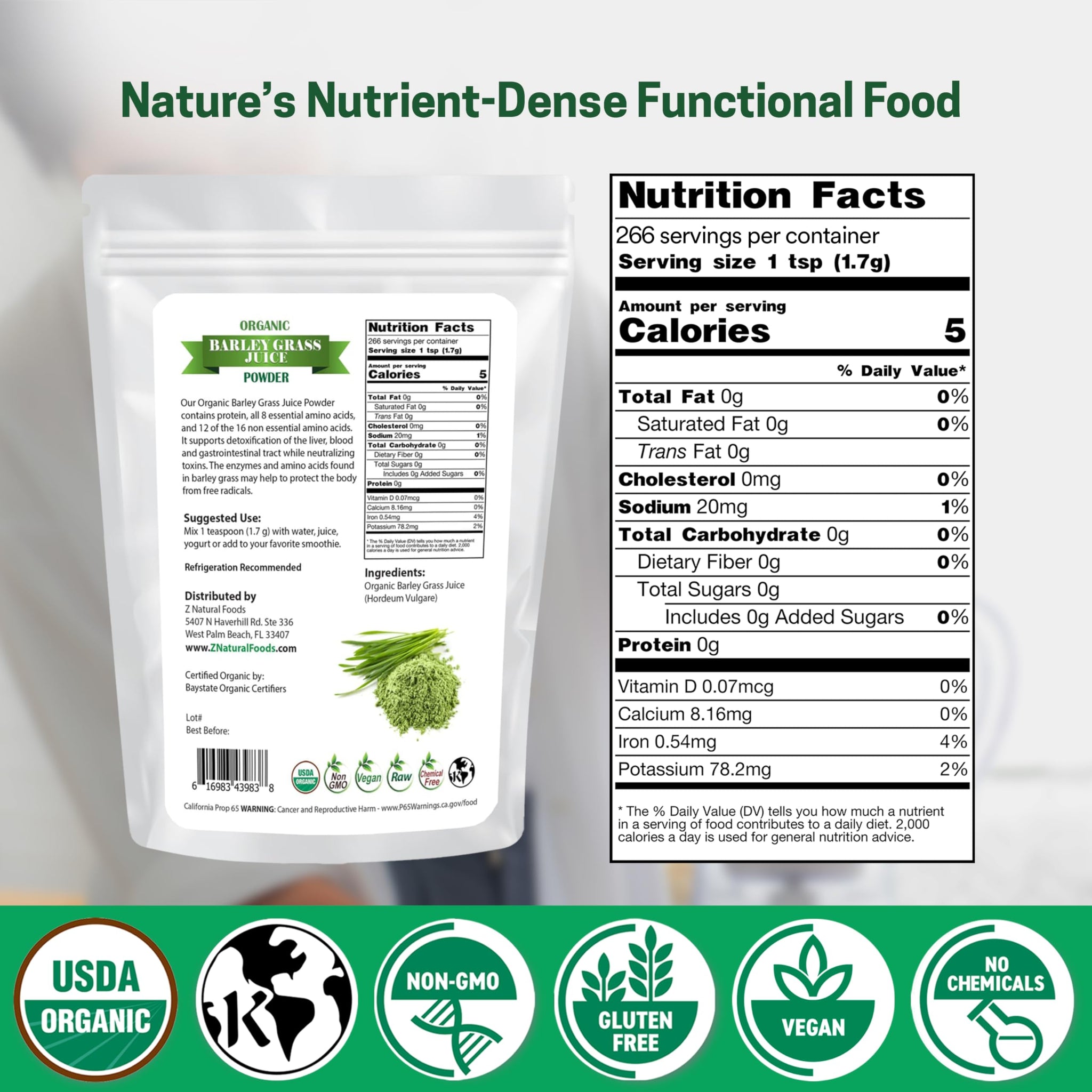 Z Natural Foods Organic Barley Grass Juice Powder - Made in USA, USDA Organic Nutrient-Dense Green Drink Mix for Energy, Detox with Amino Acids