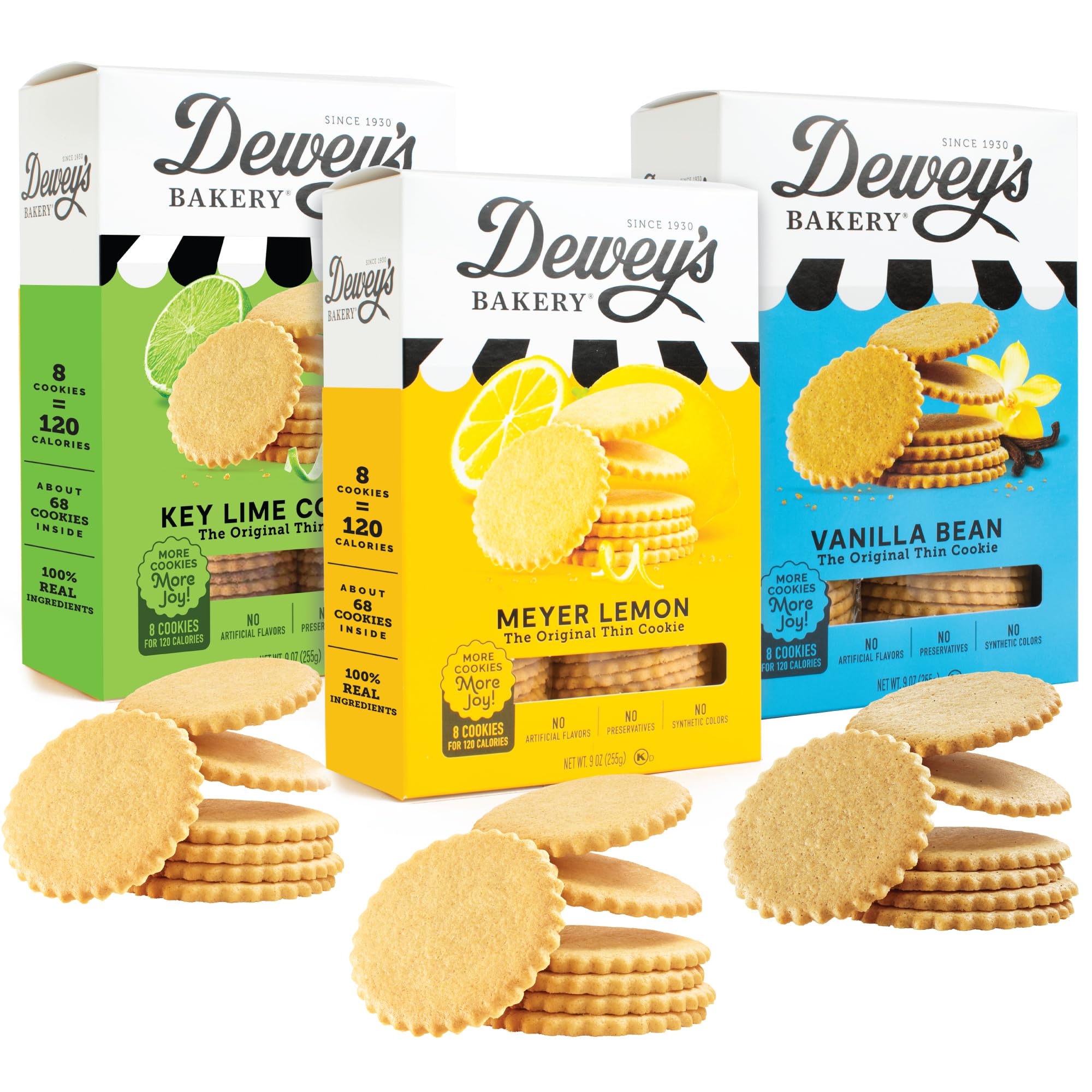 Dewey's Bakery Meyer Lemon, Key Lime and Vanilla Moravian Cookie Thin Variety Pack, Bakery Fresh with Real Simple Ingredients, Low Calorie Snack, No