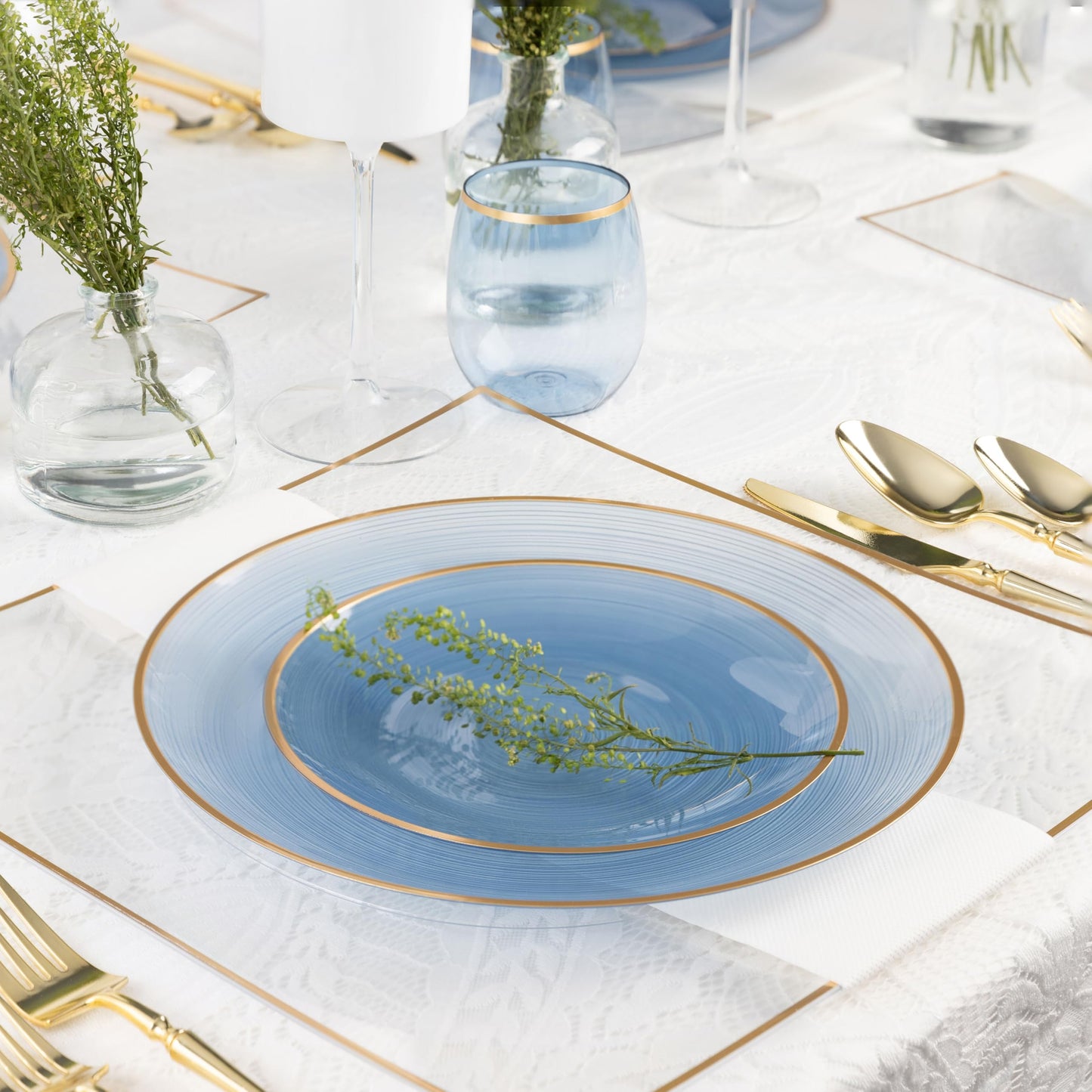 PLASTICPRO 32 Pieces Crystal Design Plastic Plates Combo Pack 7 inch and 10 inch Gold Rim Elegant Disposable Plates, Transparent Blue