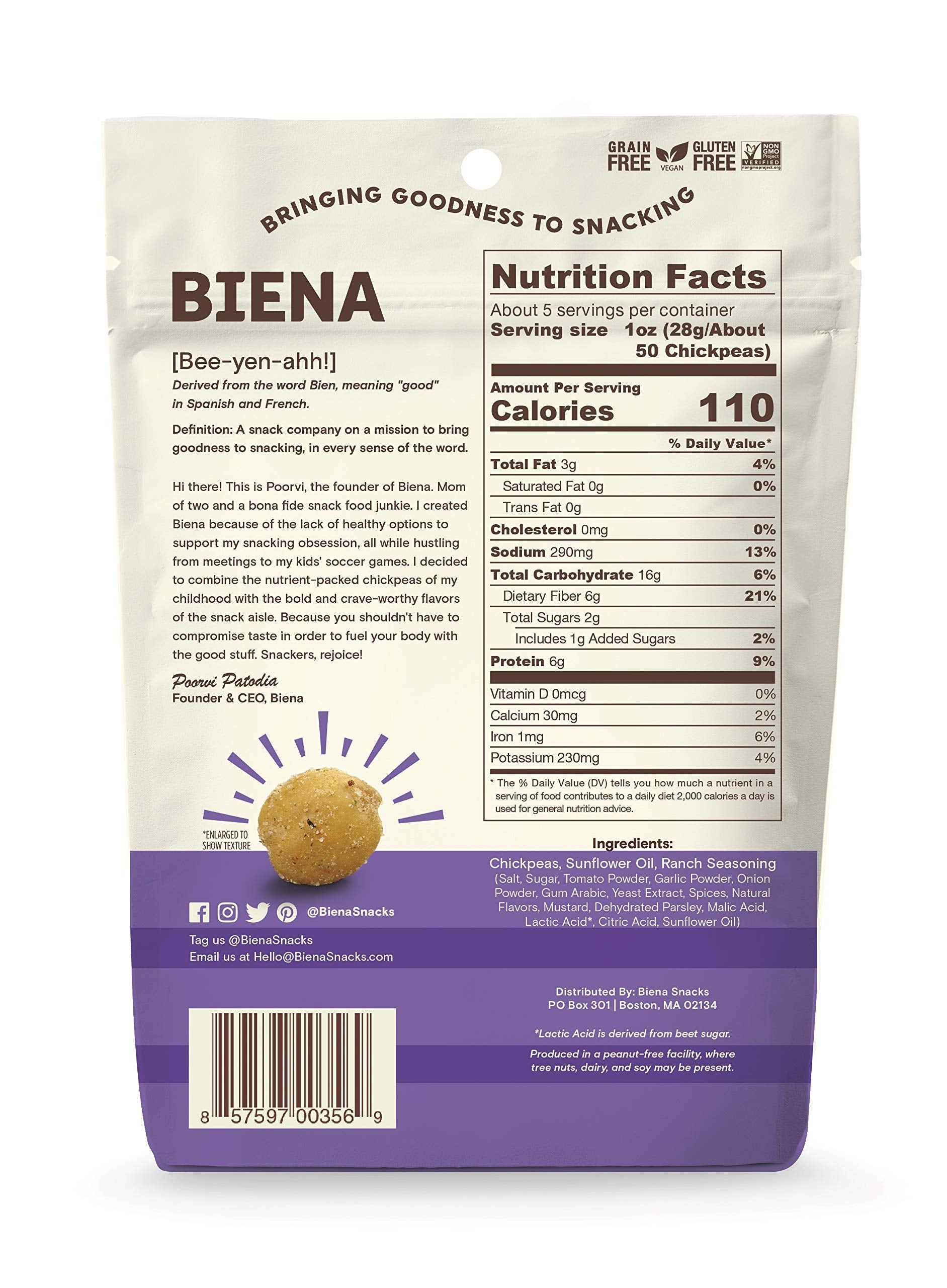 BIENA Rockin' Ranch Chickpea Snacks | Gluten Free | Vegan | Dairy Free | Plant-Based Protein (Single 5 oz. Bag)