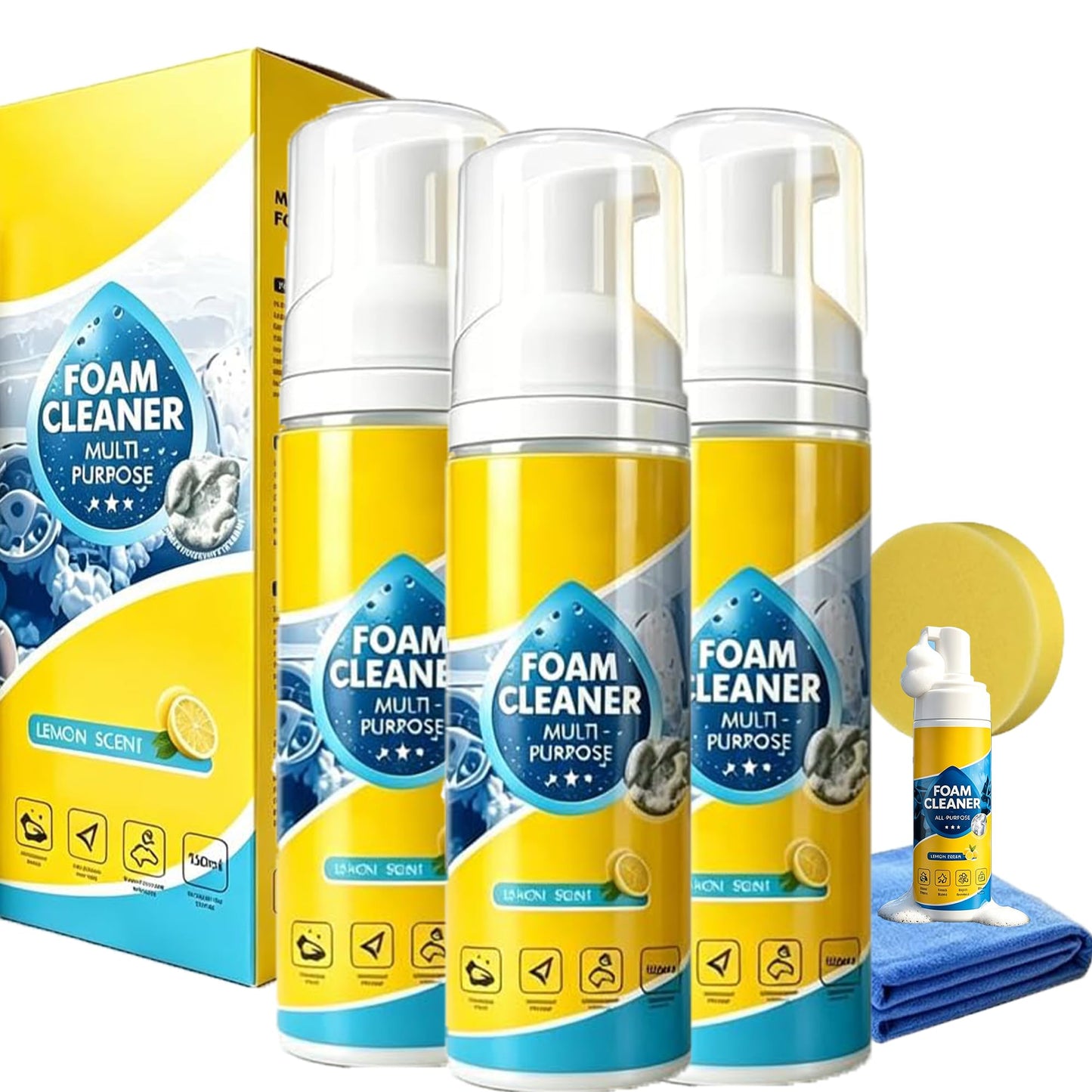 Benicabaly 4-in-1 Multi Enzyme Foam Cleaner Lemon Scent, No Rinse All Purpose Stain Remover, Car Interior Cleaner for Seat Upholstery Sofa Kitchen