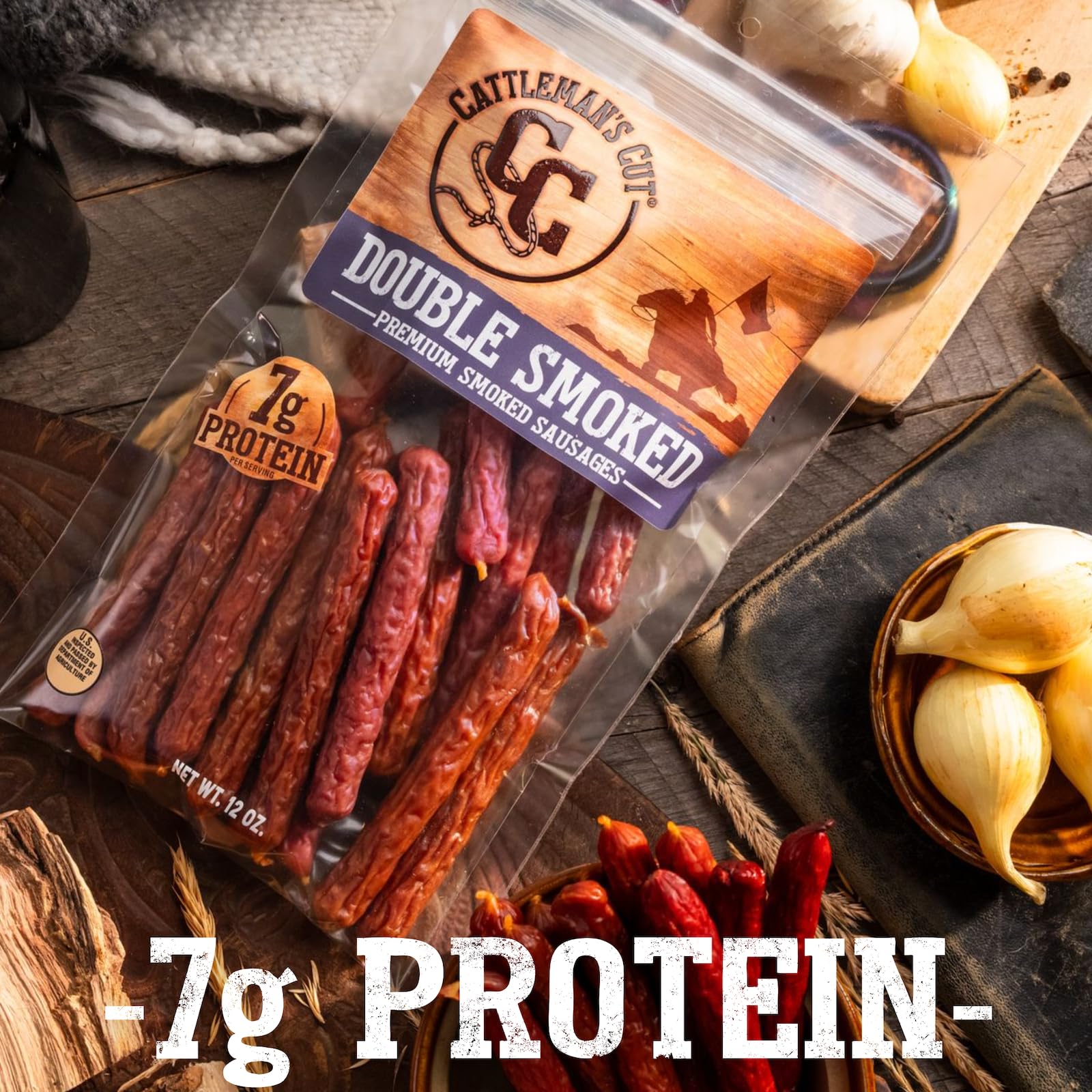 Cattleman's Cut Double Smoked Sausages Meat Sticks, Premium Protein Snacks, Keto Friendly, Gluten Free, Carnivore Travel Snack, Resealable Bag, 12