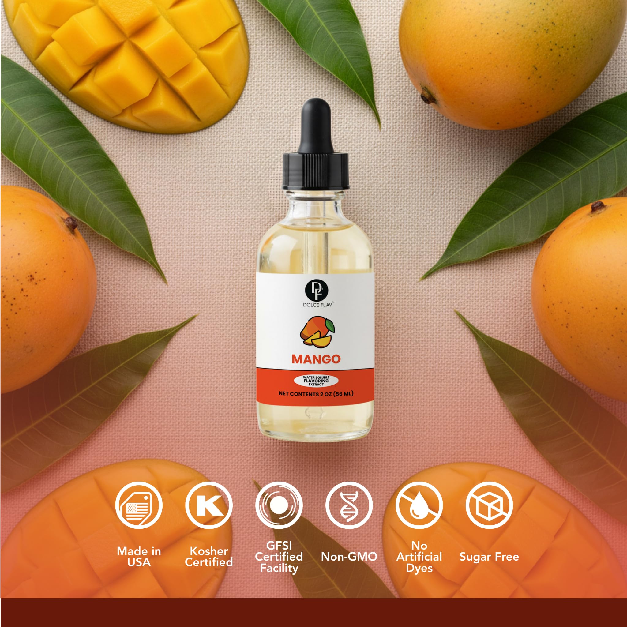 Dolce Flav Mango Extract - 2 Ounce Water-Soluble Multipurpose Flavoring Ideal for Baked Goods, Beverages, Coffee, Desserts & Ice Cream - Mango Essence