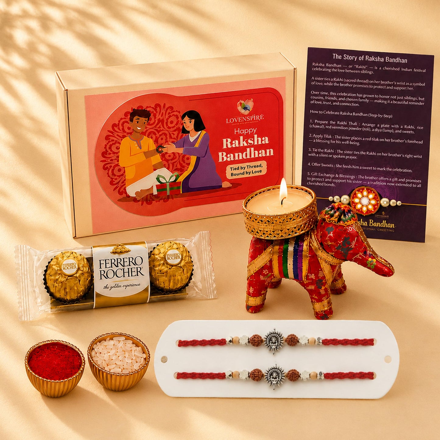 LOVENSPIRE Designer Ganesha Rakhi Gift Hamper for Brother & Bhabhi - Includes 2 Adjustable Rakhi Bracelets, Decorative Haldi Kumkum Holder
