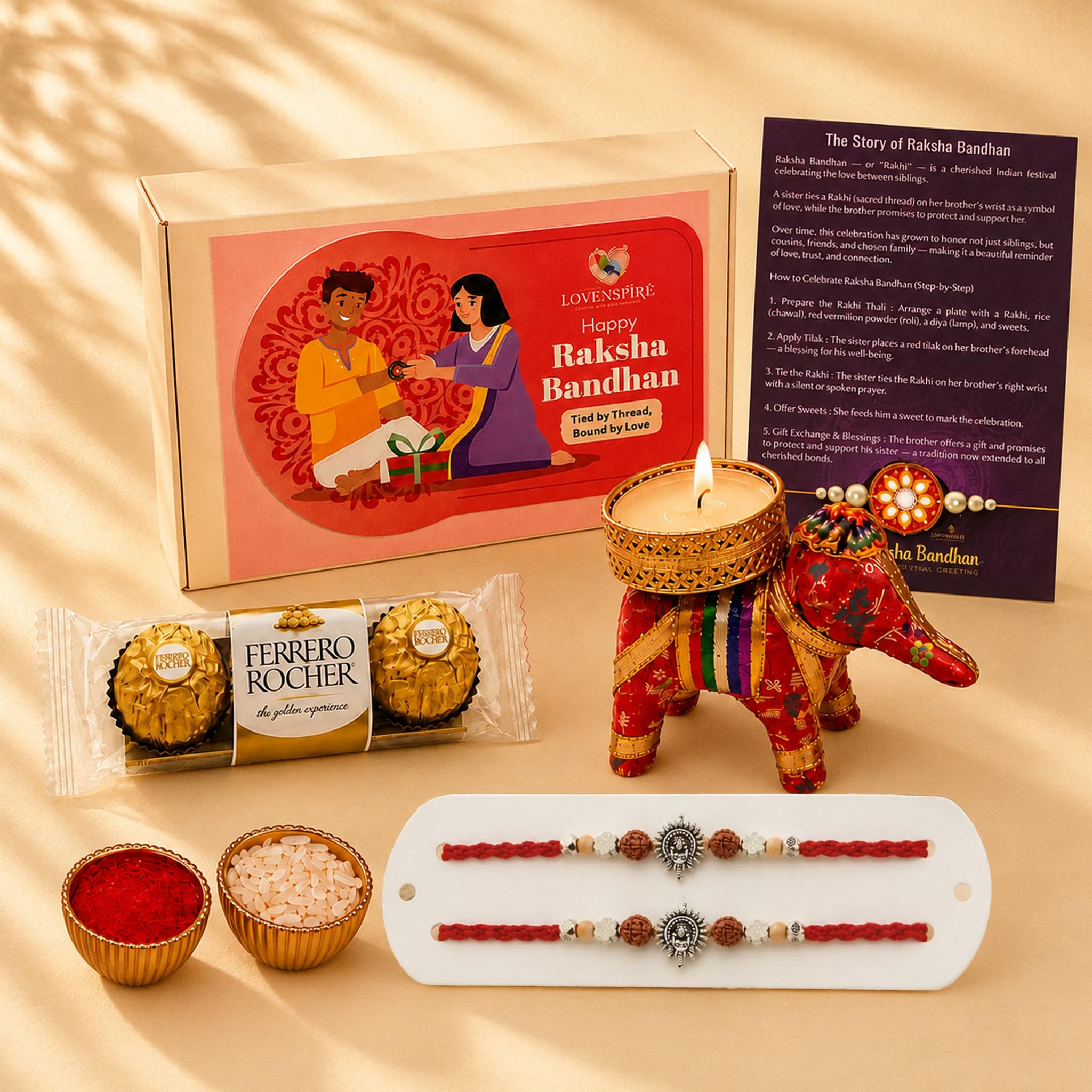 LOVENSPIRE Designer Ganesha Rakhi Gift Hamper for Brother & Bhabhi - Includes 2 Adjustable Rakhi Bracelets, Decorative Haldi Kumkum Holder