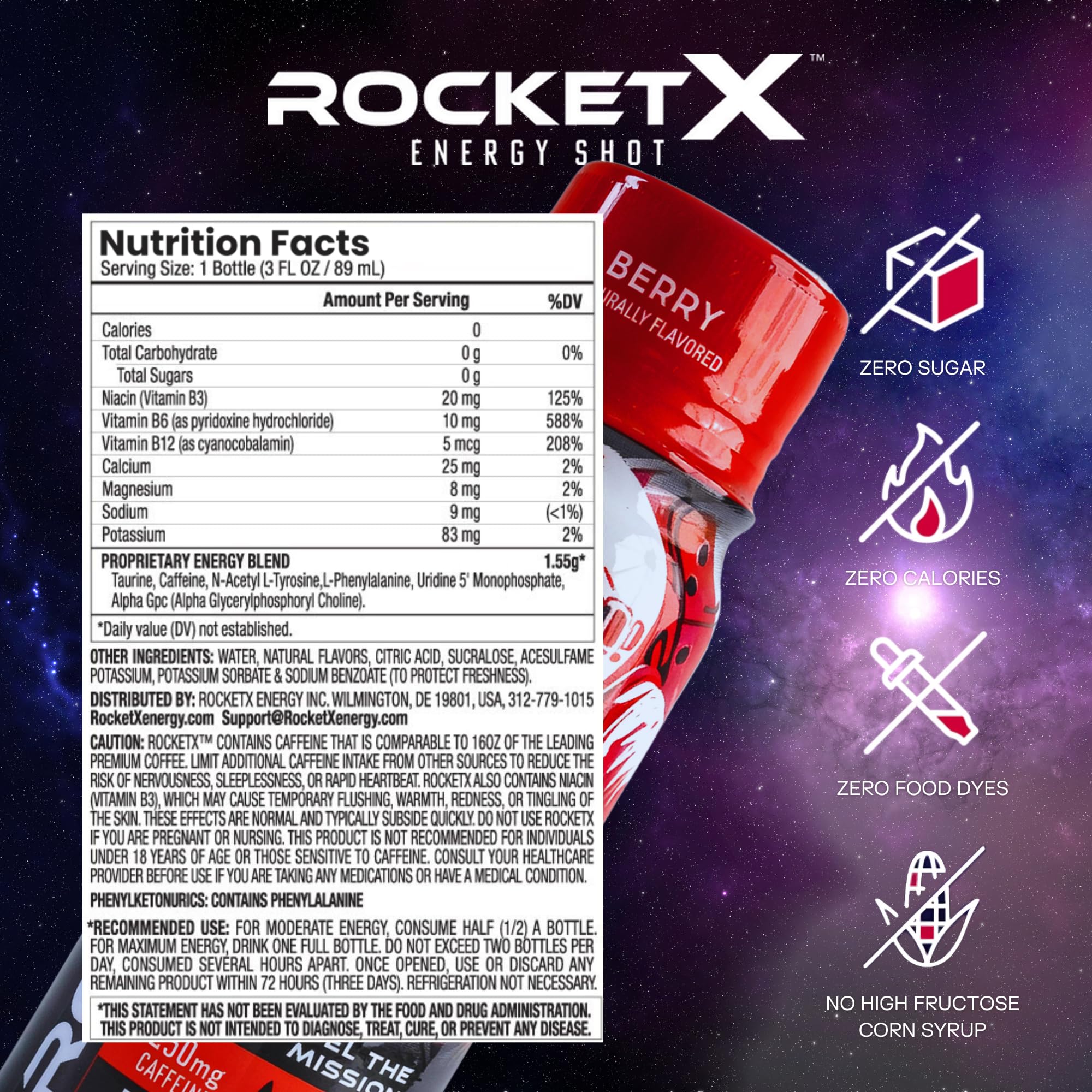 RocketX Energy Shot, Zero Calorie and Zero Sugar Energy Drink, with Natural Caffeine and B-Vitamins, Midnight Berry Flavor, 3 fl oz, Pack of 12