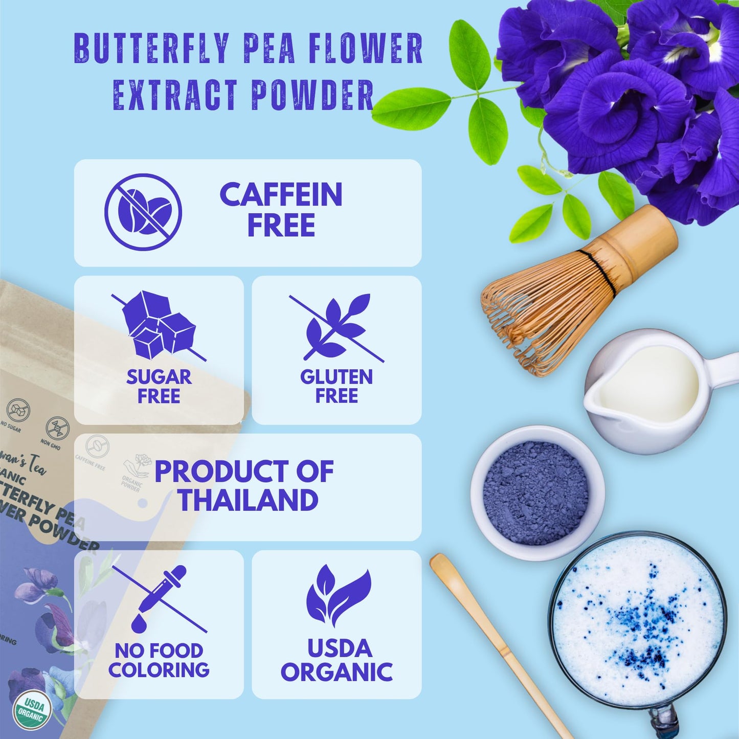 KHWAN'S TEA Butterfly Pea Flower Extract Powder, 3.5 oz(100g) USDA Organic, Vegan Blue Food Coloring, - Single-Origin Thai, Concentrated No Fiber