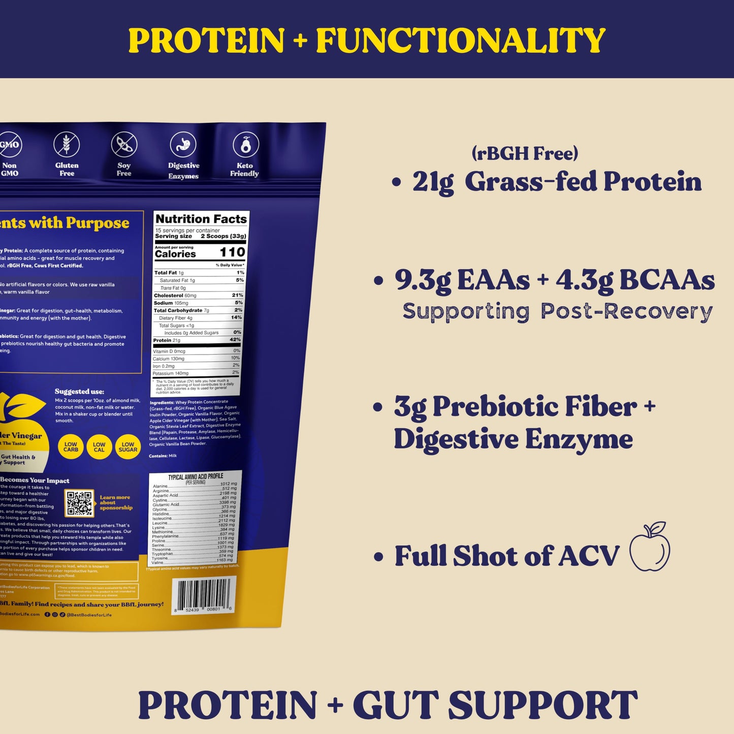BBfL Grass-Fed Whey Protein Shake - 21g rBGH-Free Protein, Vanilla Bean + Apple Cider Vinegar, Prebiotics, Digestive Enzymes, Supports Gut Health