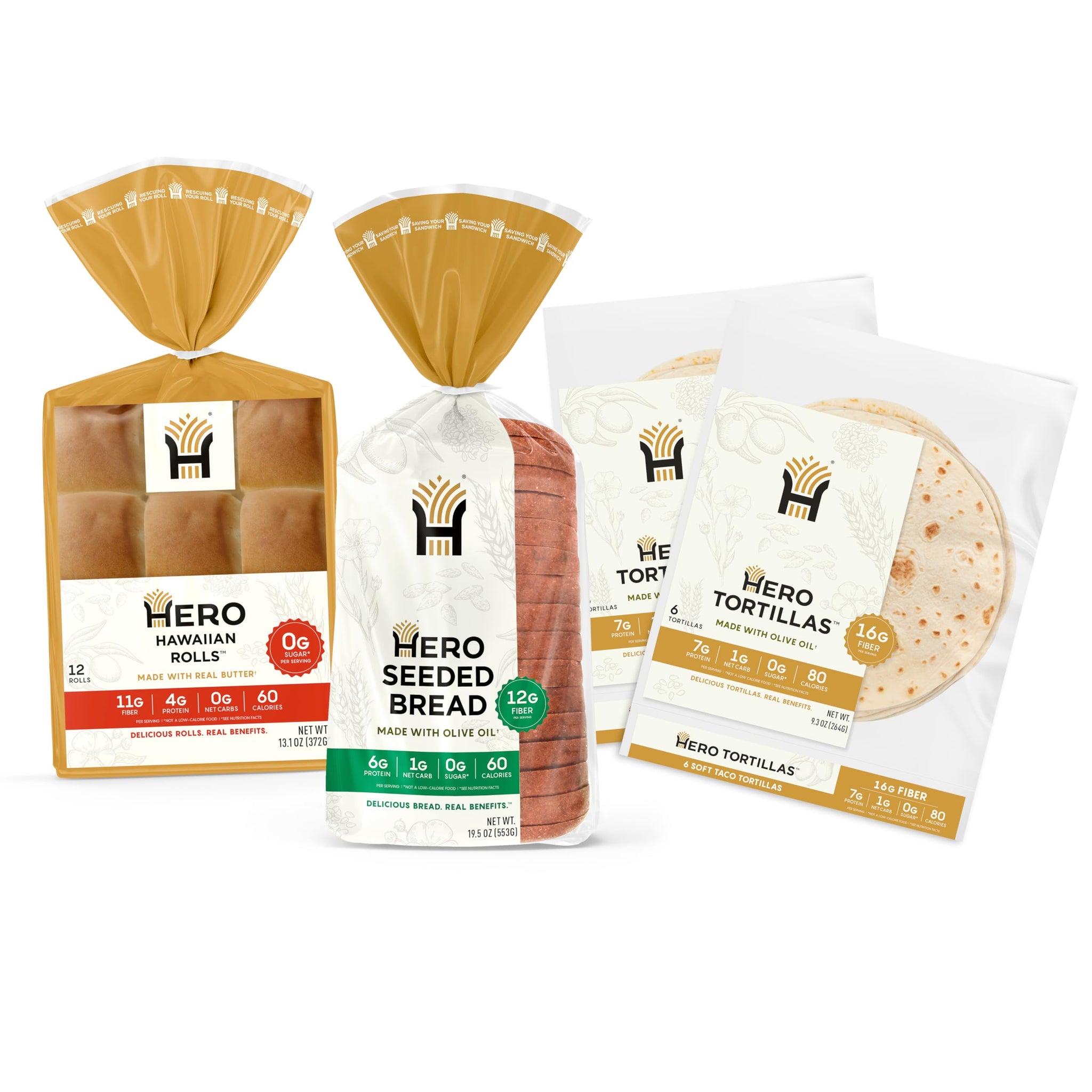 Hero Bread Hero Hits Bundle - 0g Net Carb Hawaiian Rolls, Tortillas & 1g Net Carb Seeded Bread | 0g Sugar, High Fiber, 100 Calories per serving | Net