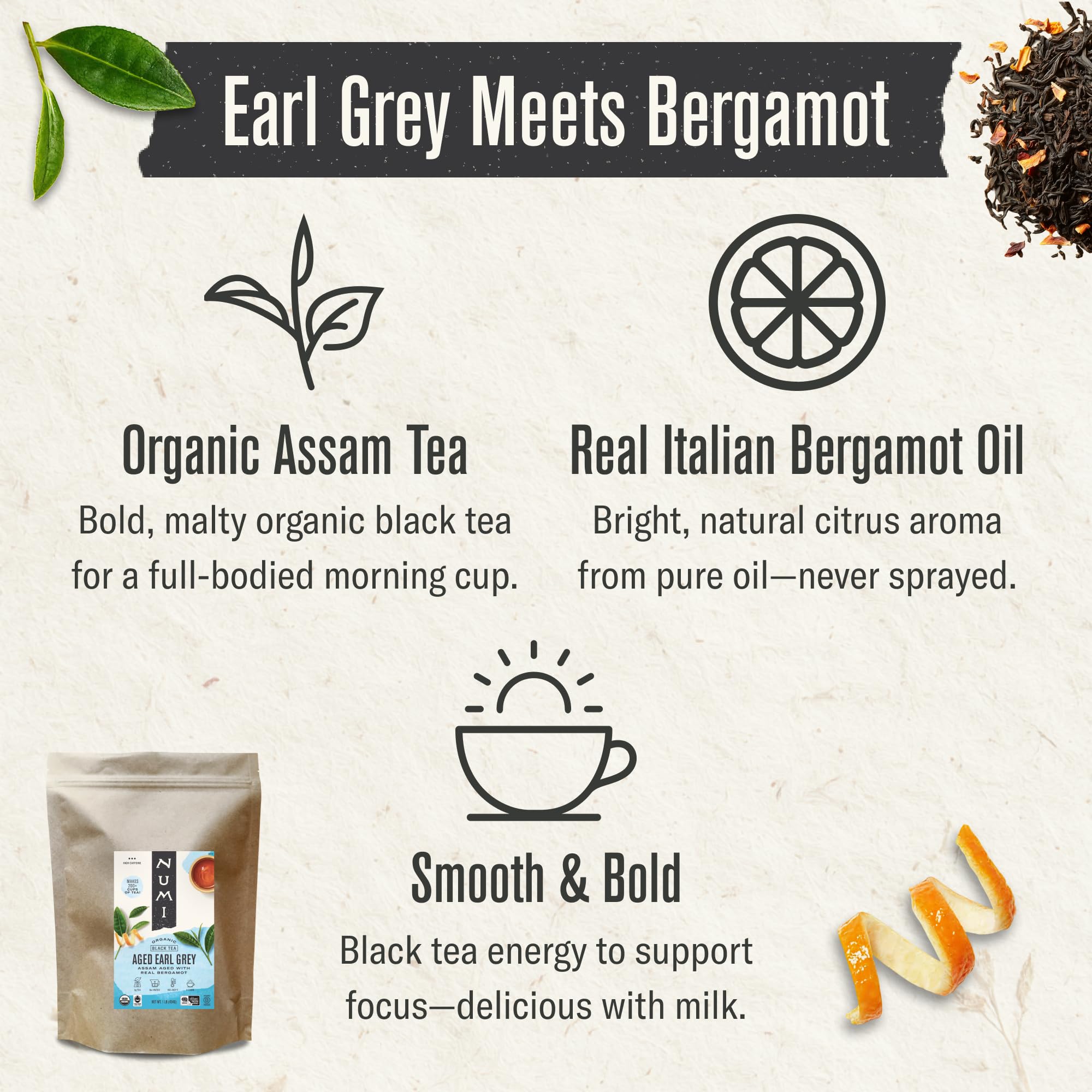 Numi Organic Emperor’s Pu-erh Tea Loose Leaf, Aged Yunnan Caffeinated Black Tea, 16 oz Bulk Pouch, Smooth Earthy Bold Flavor, Brews 200 Cups