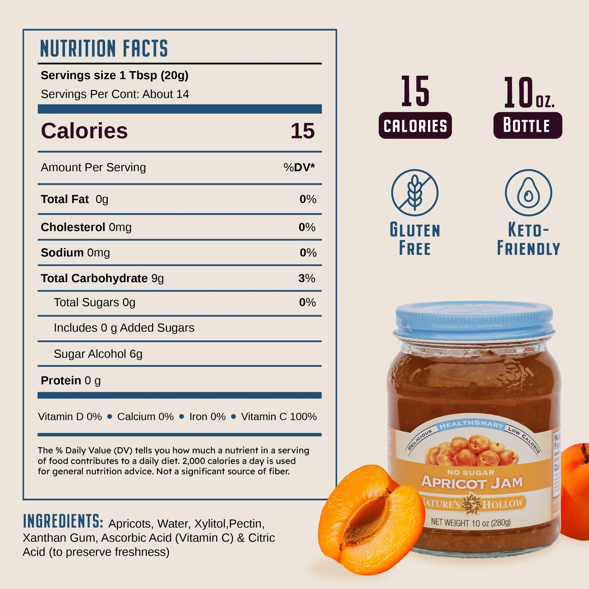 Nature's Hollow Apricot Jam: Sugar Free Jam and Preserves, Low Cal, Non GMO, Keto Jam, Vegan, Gluten Free, and Diabetic Friendly - Sugar Free Jelly