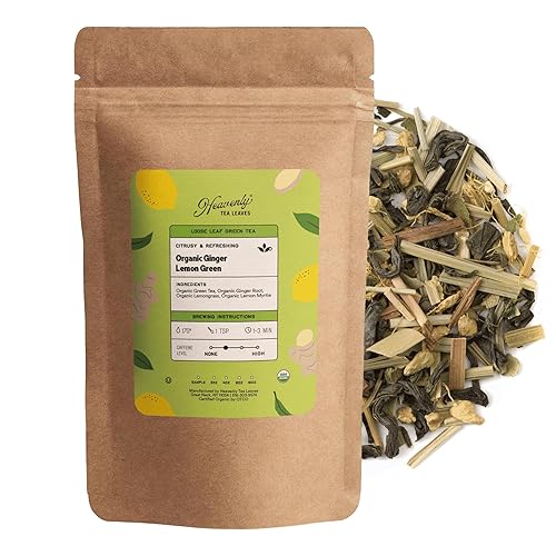 Heavenly Tea Leaves Organic Ginger Lemon Green, Loose Leaf Green Tea, 4 oz. (Approx. 50 Cups of Tea) - Antioxidant & Immune Boosting, Hot or Iced Tea