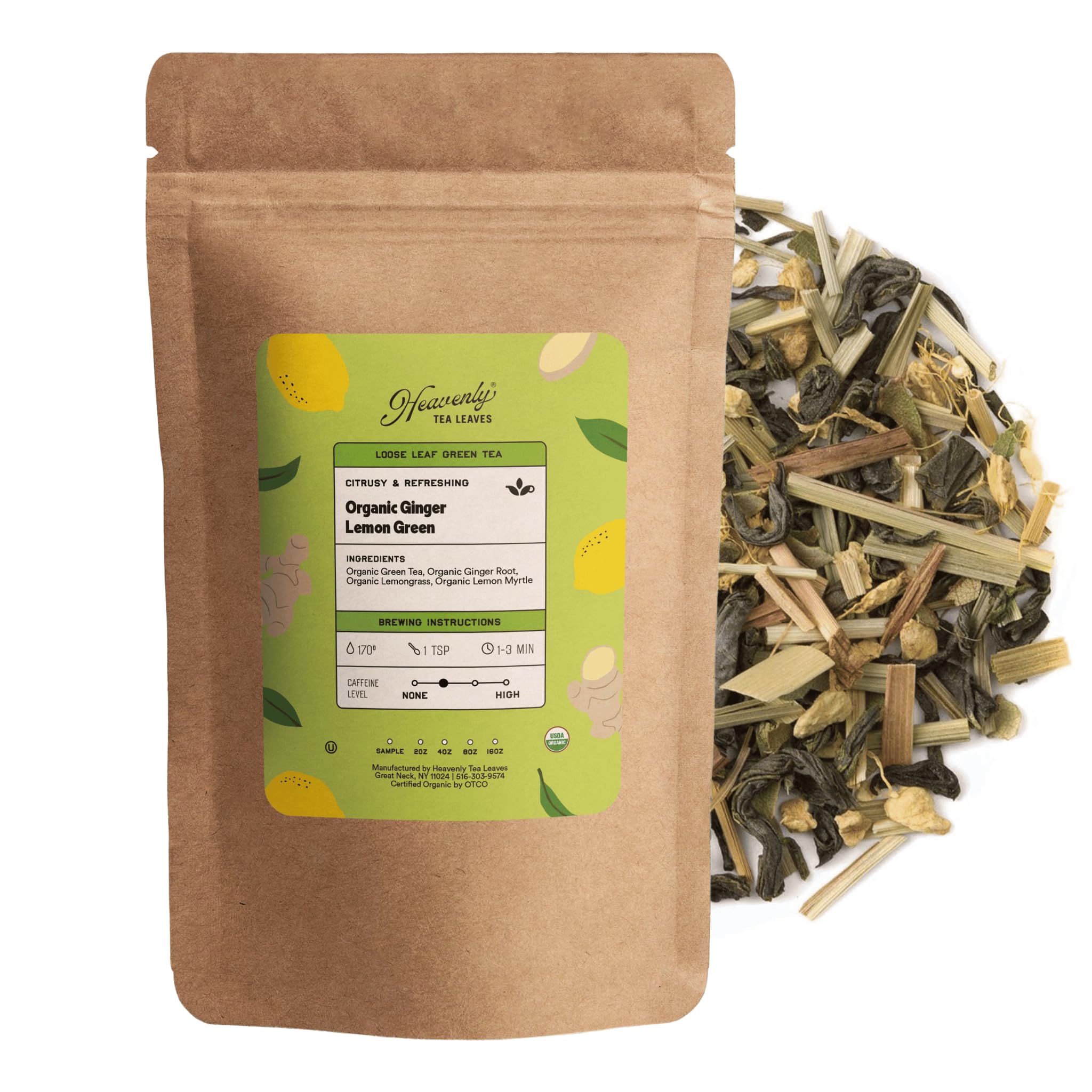 Heavenly Tea Leaves Organic Ginger Lemon Green, Loose Leaf Green Tea, 4 oz. (Approx. 50 Cups of Tea) - Antioxidant & Immune Boosting, Hot or Iced Tea