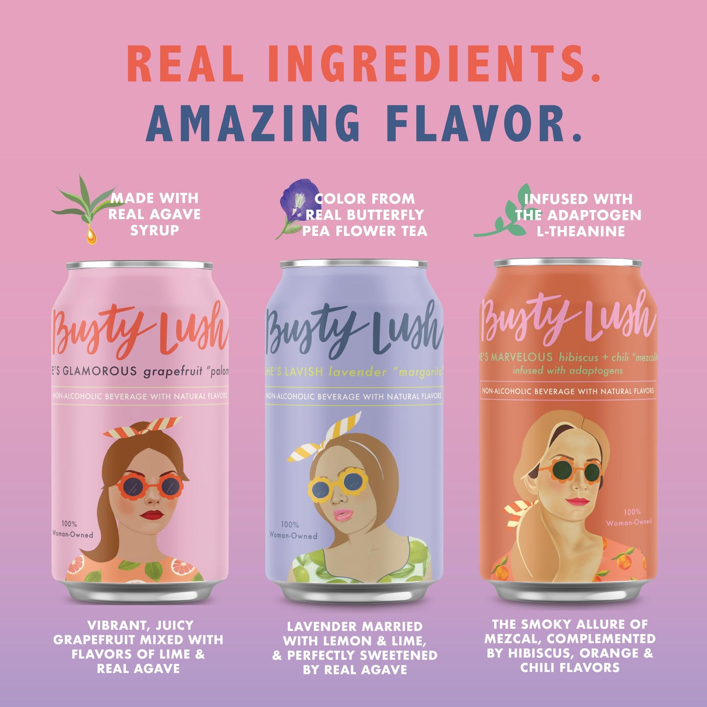 Busty Lush Craft Mocktails - Non-Alcoholic Sparkling Drinks, Zero Proof Drinks, Mezcalita, Alcohol Alternative - Infused with L-Theanine, Low Calorie