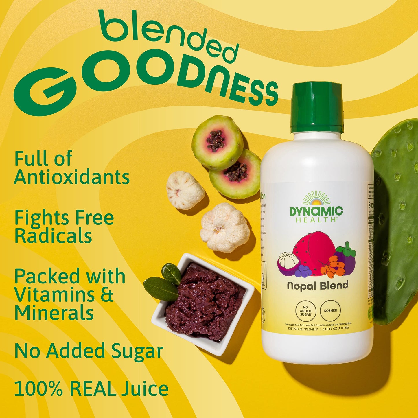 Dynamic Health Nopal Blend Juice with Acai, Certified Organic, Mangosteen and Seabuckthorn, Natural Antioxidants, Omegas, Vitamins and Amino Acids