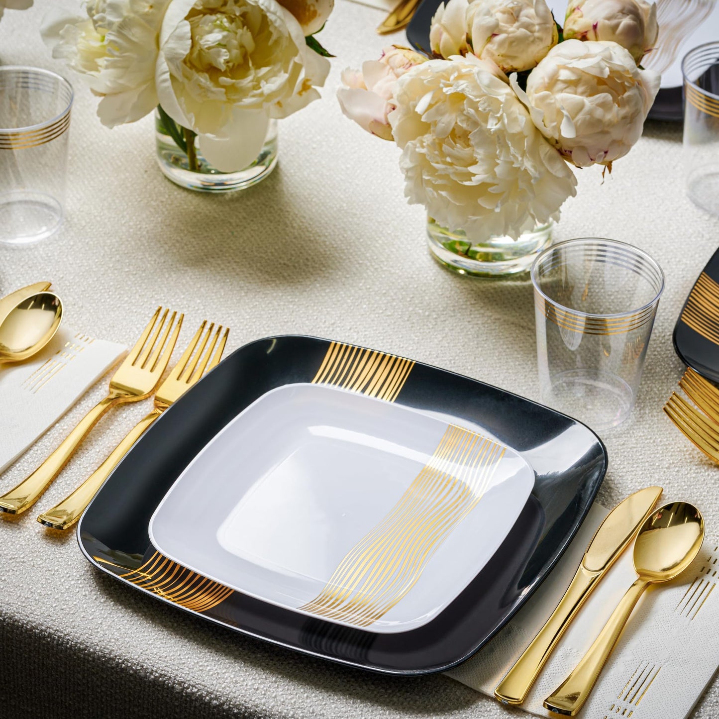 R-kay Gold Plastic Plates - 40 Pack - 20 Square 10.25'' & 20 Round 7.5'' Disposable Plates - Heavy Duty Plastic Plates for Party & Wedding