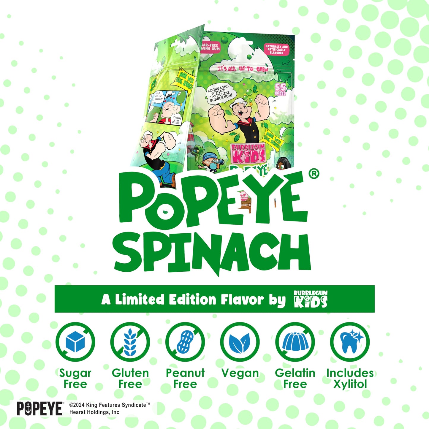 Popeye’s Spinach Sugar Free Gum by Bubblegum Kids | Topical Fruit Flavor, Sugarless Gum with Xylitol | Vegan, Low Calorie Candy for Kids & Adults |