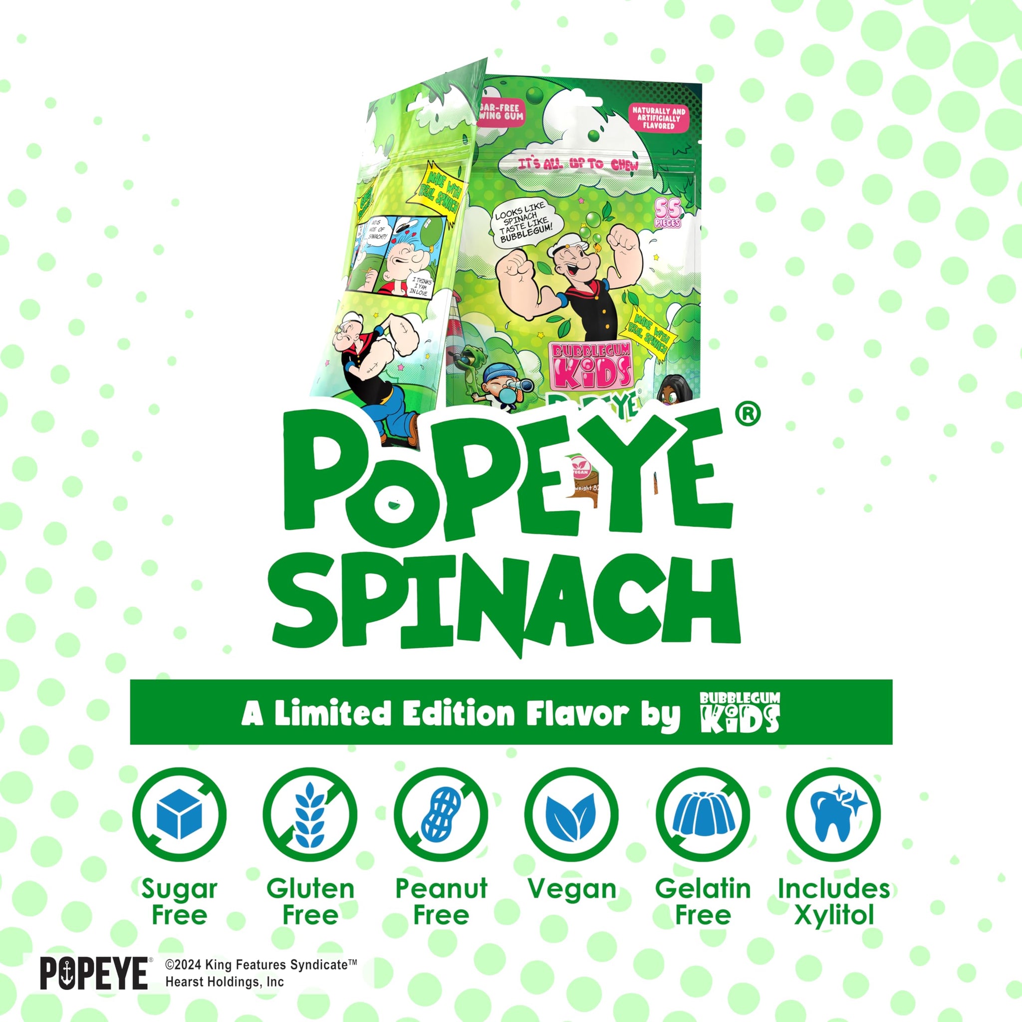 Popeye’s Spinach Sugar Free Gum by Bubblegum Kids | Topical Fruit Flavor, Sugarless Gum with Xylitol | Vegan, Low Calorie Candy for Kids & Adults |