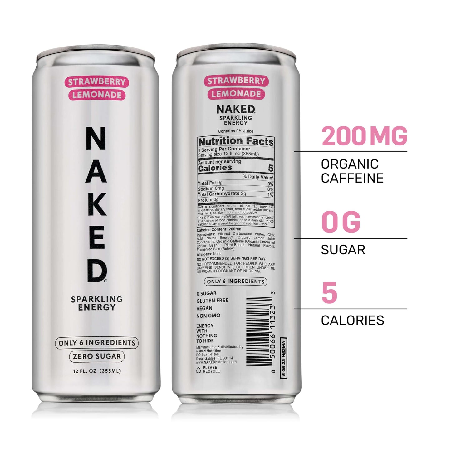 Naked Sparkling Energy Drink, Strawberry Lemonade, 12oz Cans (12 Pack)