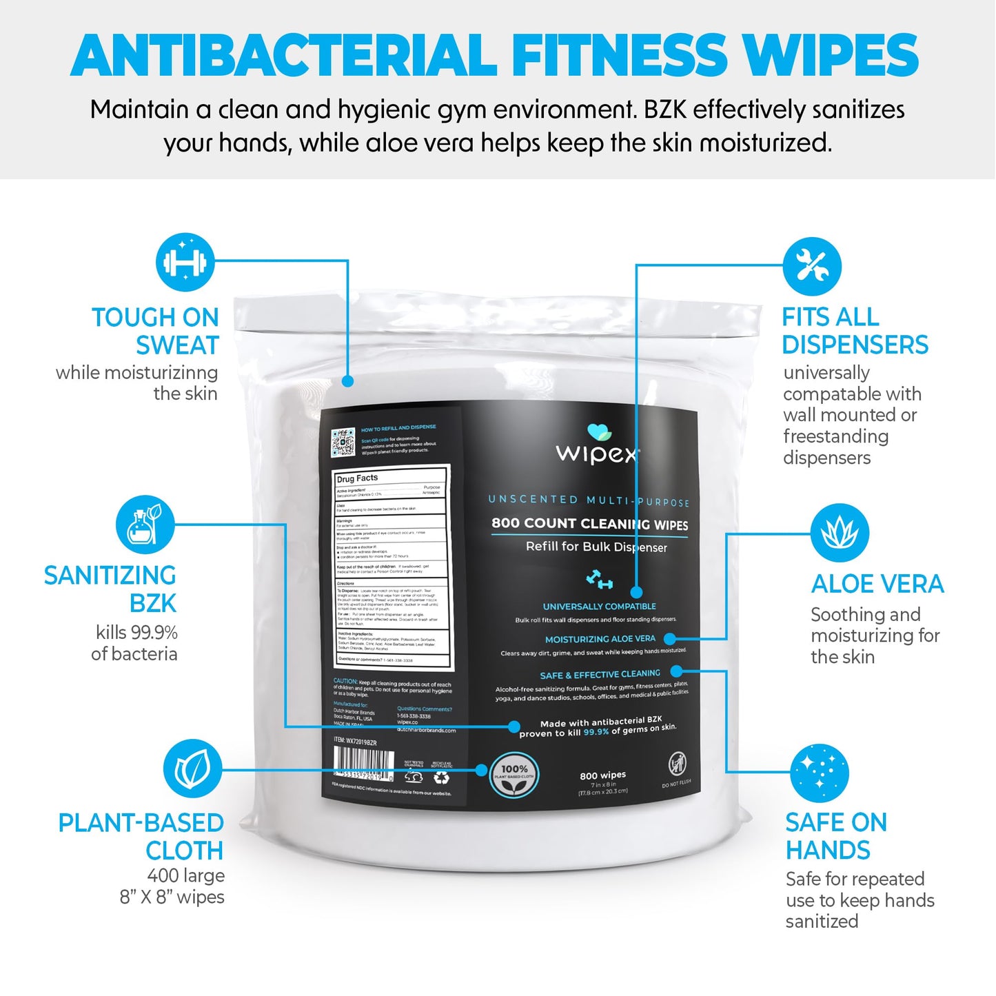 Wipex Fitness Wipes Refill - 800ct Antibacterial Hand Sanitizing Wipe with Safe Plant Based Cloth, Bulk Commercial Size - Great for Gyms, Studios