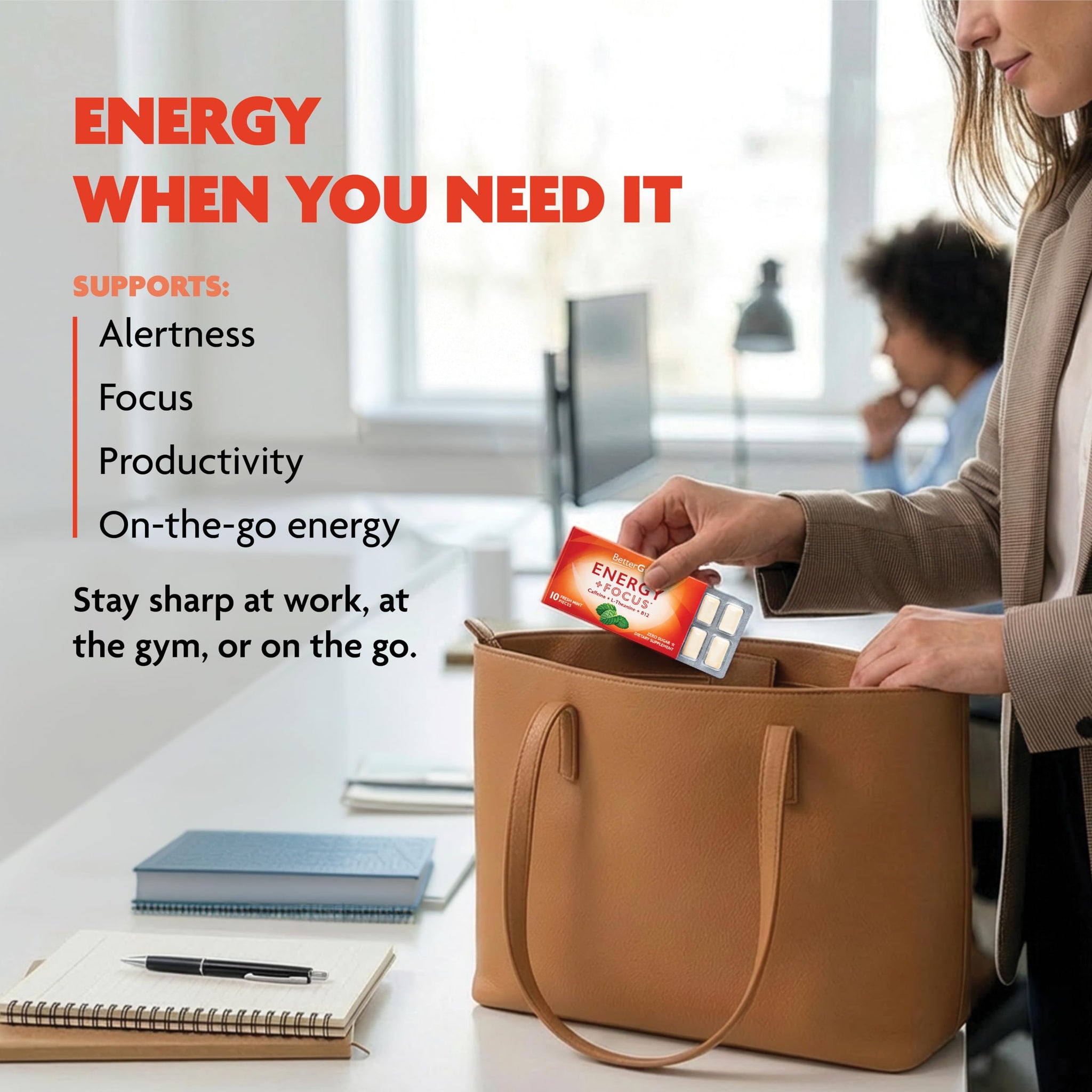 BetterGum Energy and Focus Gum with Caffeine, L-Theanine and Vitamin B12, Supports Clean Energy and Alertness, Alternative to Energy Drinks