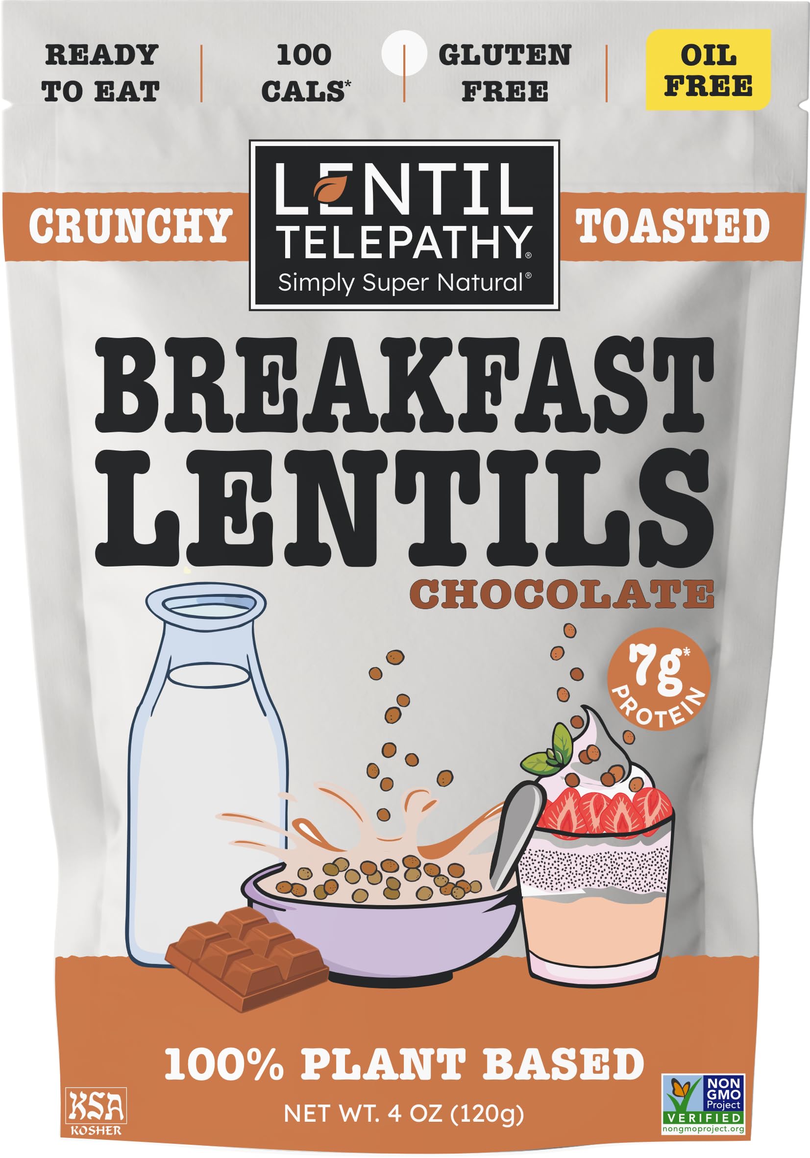 Lentil Telepathy Chocolate Breakfast Lentils, Crunchy High Protein Cereal & Granola Alternative, Plant Based, Gluten Free, Non-GMO, 4 oz