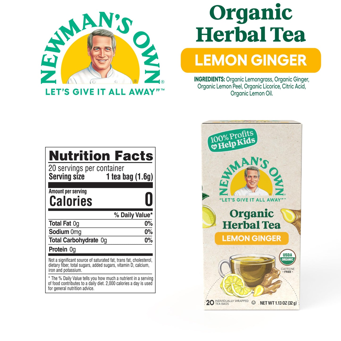 Newman's Own Organic Lemon Ginger Herbal Tea with Rooibos Tea with Organic Ginger 20 Individually Wrapped Tea Bags USDA Certified and Kosher Cinnamon