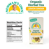 Newman's Own Organic Lemon Ginger Herbal Tea with Rooibos Tea with Organic Ginger 20 Individually Wrapped Tea Bags USDA Certified and Kosher Cinnamon