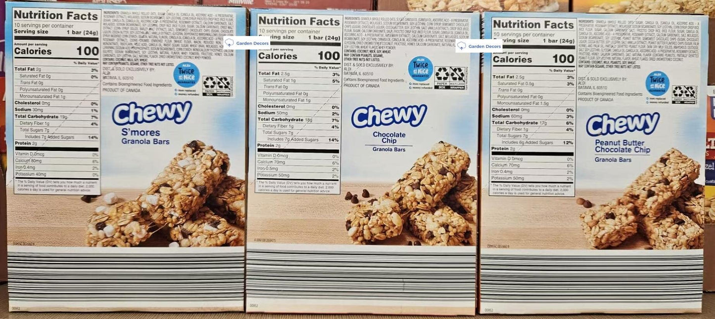 Millville Chewy S'Mores, Chocolate Chip, Peanut Butter Chocolate Chip Granola Bars 8.4oz 240g (Three Boxes)