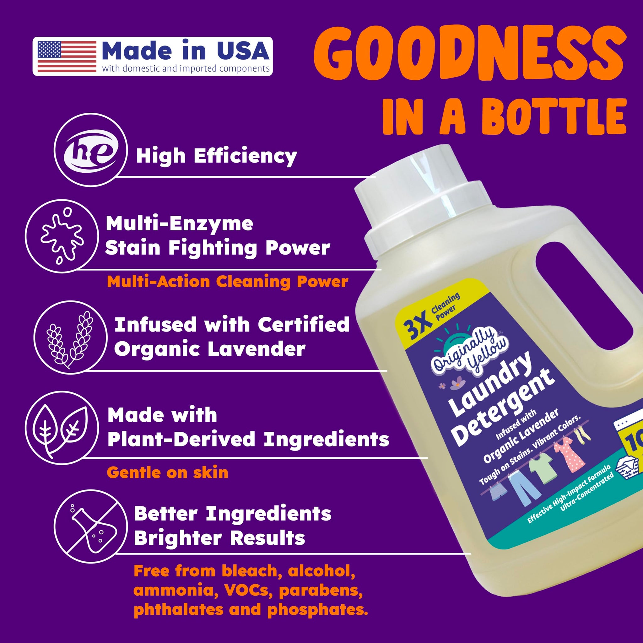 Originally Yellow Plant Based Laundry Detergent | Ultra-Concentrated Natural Laundry Detergent with Organic Lavender | High-Efficiency Clean, Tough on