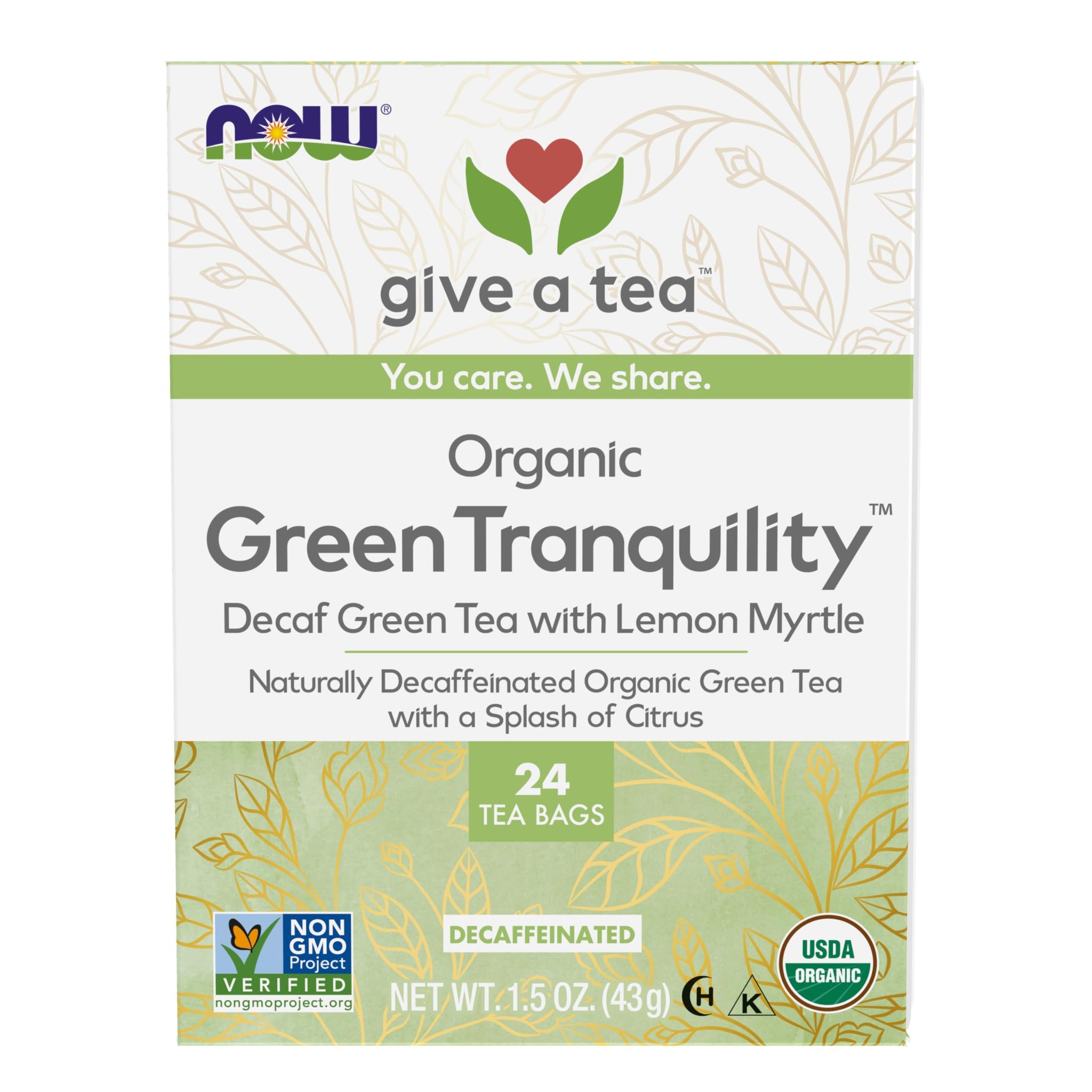 NOW Foods, Certified Organic Green Tranquility™ Tea, Decaf Green with Lemon Myrtle, Non-GMO, Premium Unbleached Tea Bags with No-Staples Design