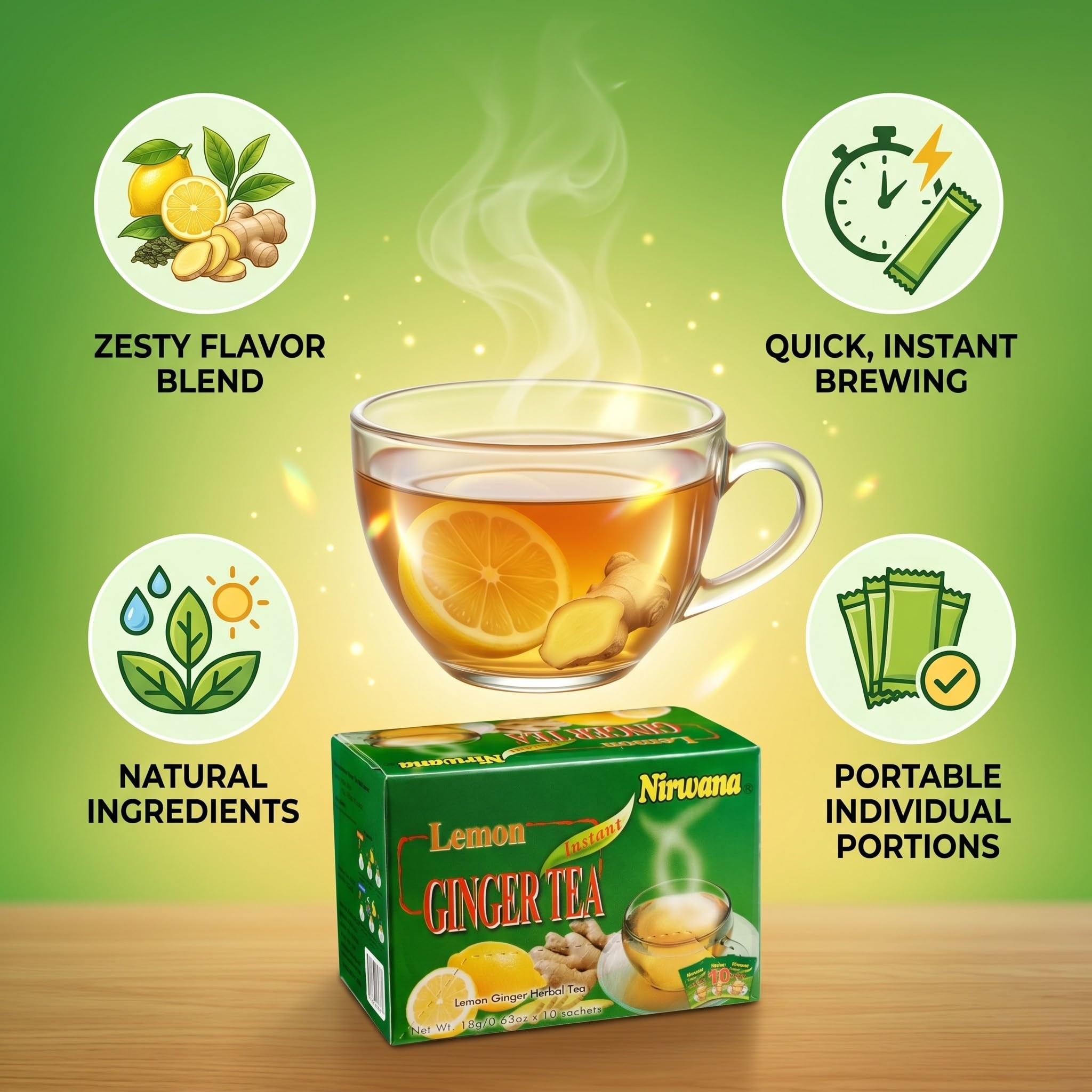 Nirwana Lemon Ginger Tea 10 Sachets - Refreshing Herbal Blend with Ginger, Lemon, Honey and Green Tea | Perfect Tea Gift Set and Holiday Gift Baskets