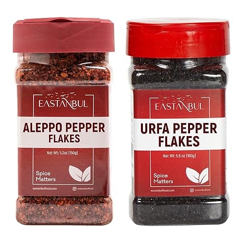 Eastanbul Aleppo Pepper & Urfa Pepper, Aleppo Flakes 5.3oz & Urfa Biber 5.6oz, Pul Biber and Isot for Mediterranean & Middle Eastern Dishes, Chili