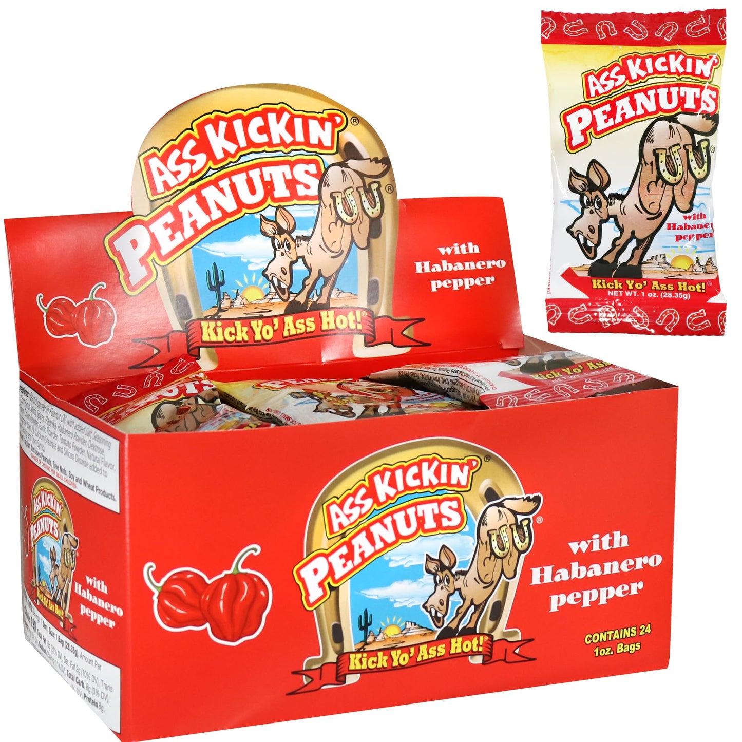 ASS KICKIN’ Habanero Pepper Spicy Hot Peanuts - 1oz 24 Pack - Ultimate Spicy Gourmet Gift Travel Size Peanuts Great on the Go Snack - Try if you dare!